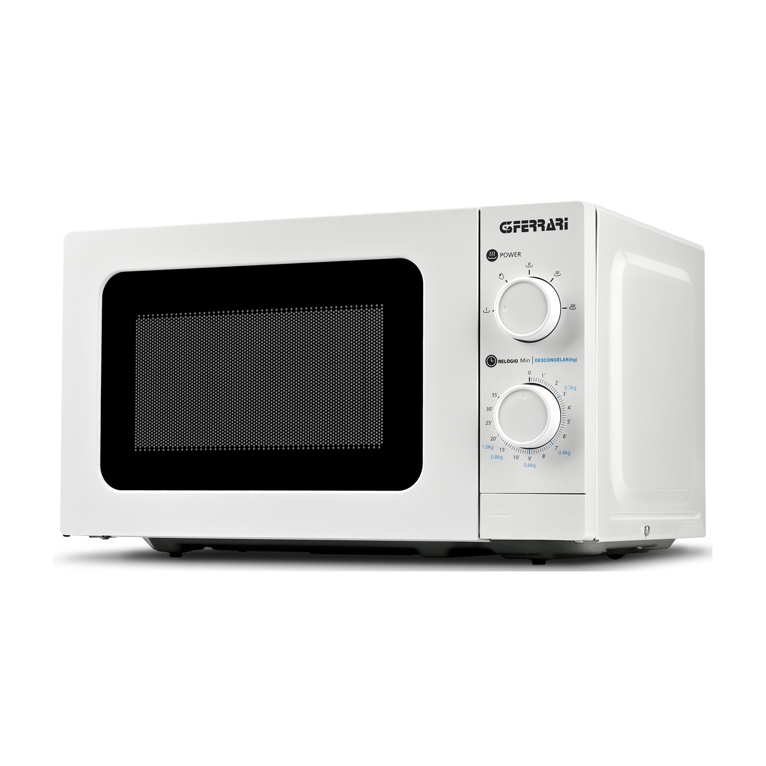 Un microonde bianco con porta nera e manopole di controllo.