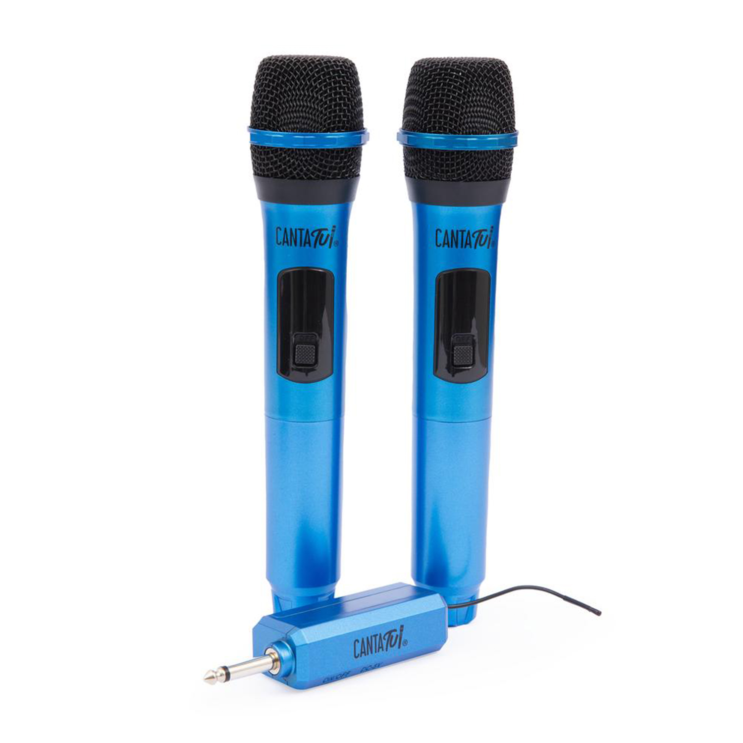 Due microfoni blu con griglie nere e un ricevitore con spina jack.