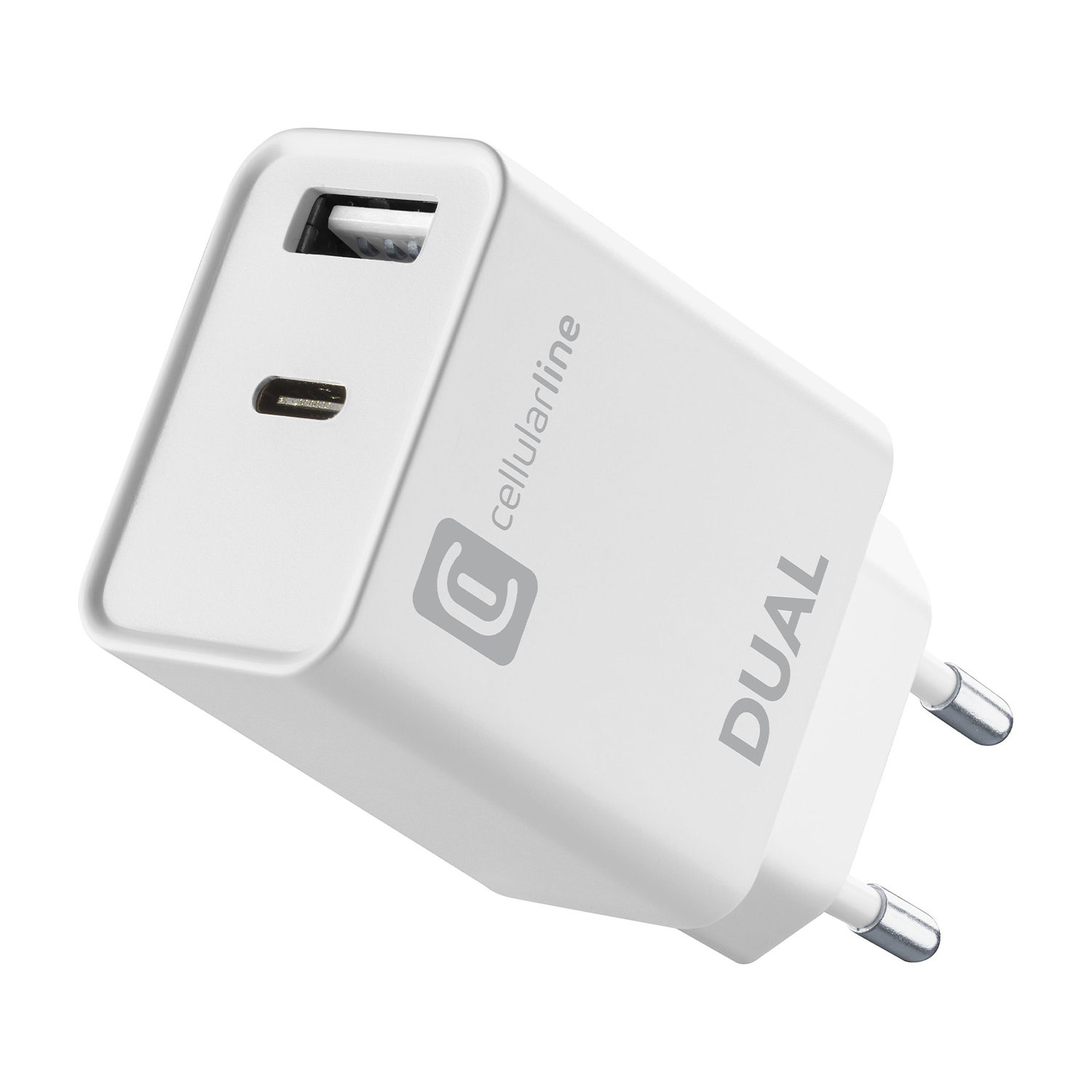 Ein weißer Dual-USB-C-Ladegerät mit einem USB-A- und einem USB-C-Anschluss.