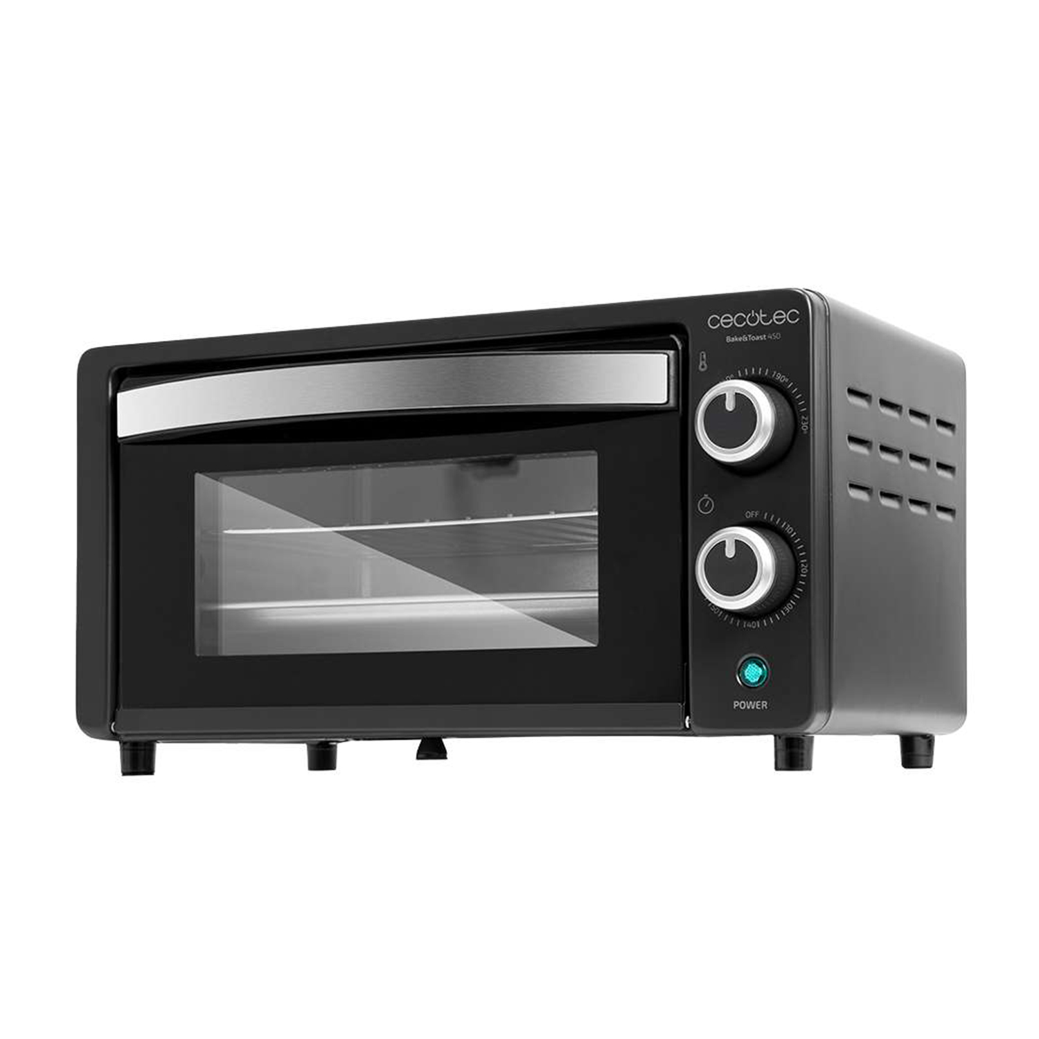 Un horno de sobremesa negro con puerta de cristal y dos mandos.