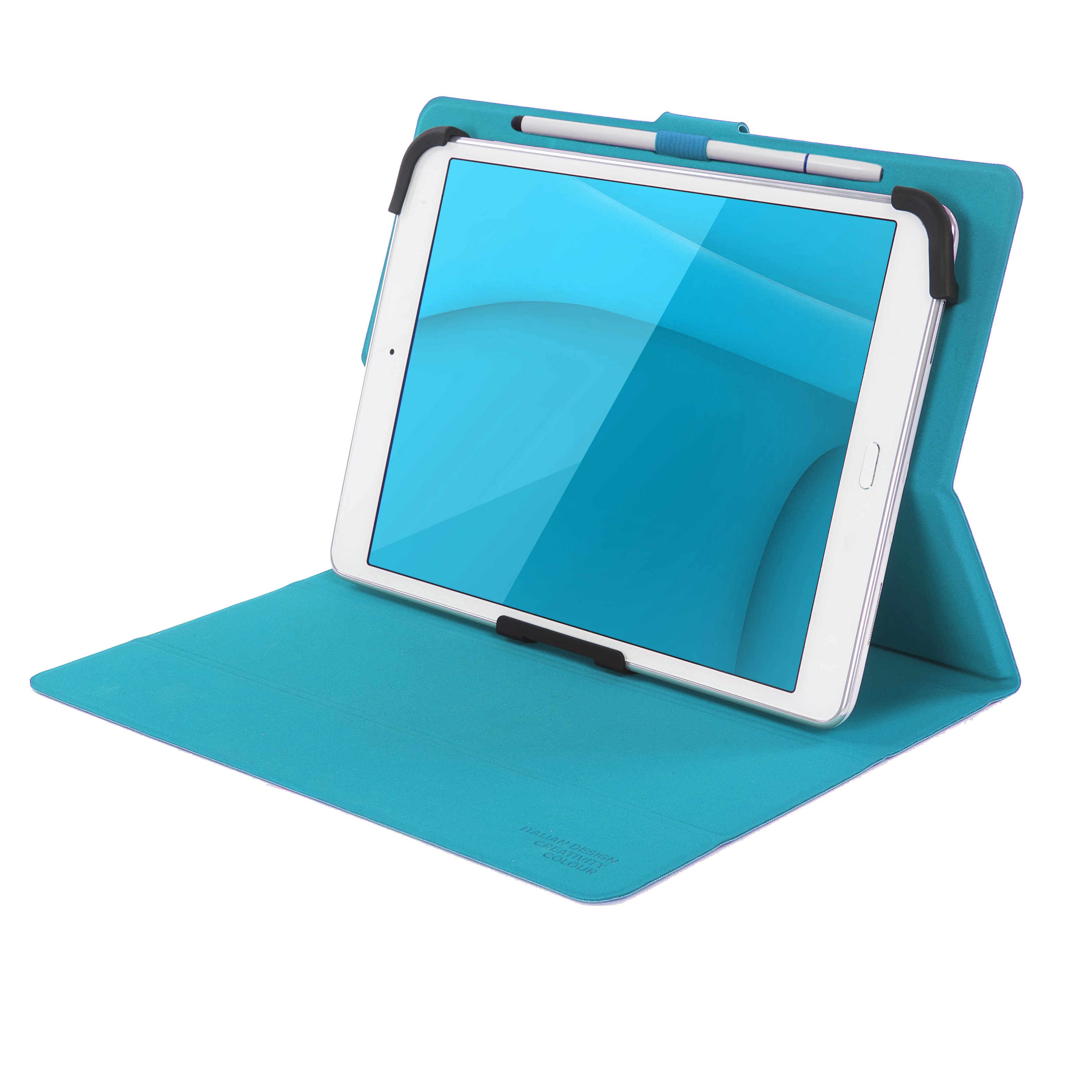 Beyaz arka plan üzerinde stylus kalemli, turkuaz tablet.