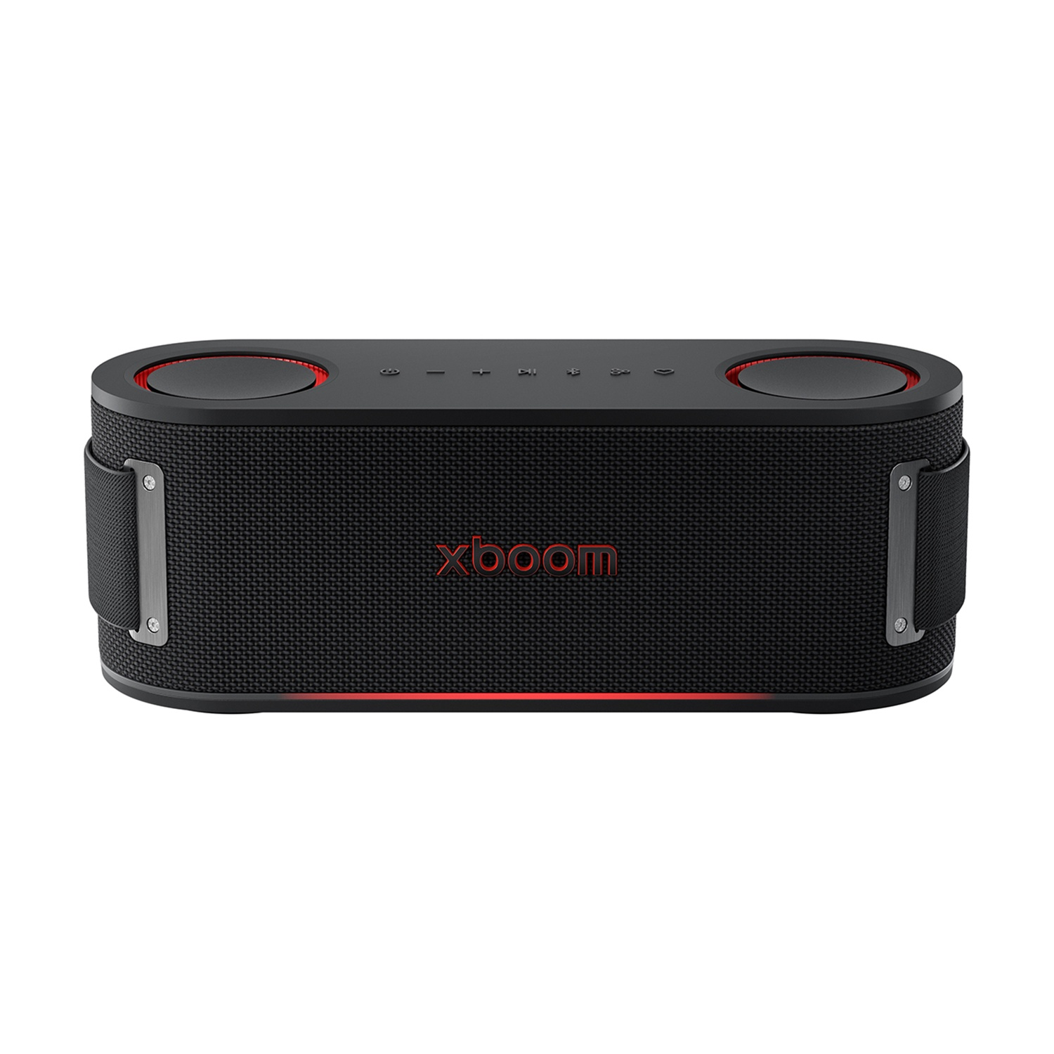 Czarny głośnik przenośny z czerwonymi akcentami i logo Xbooom.