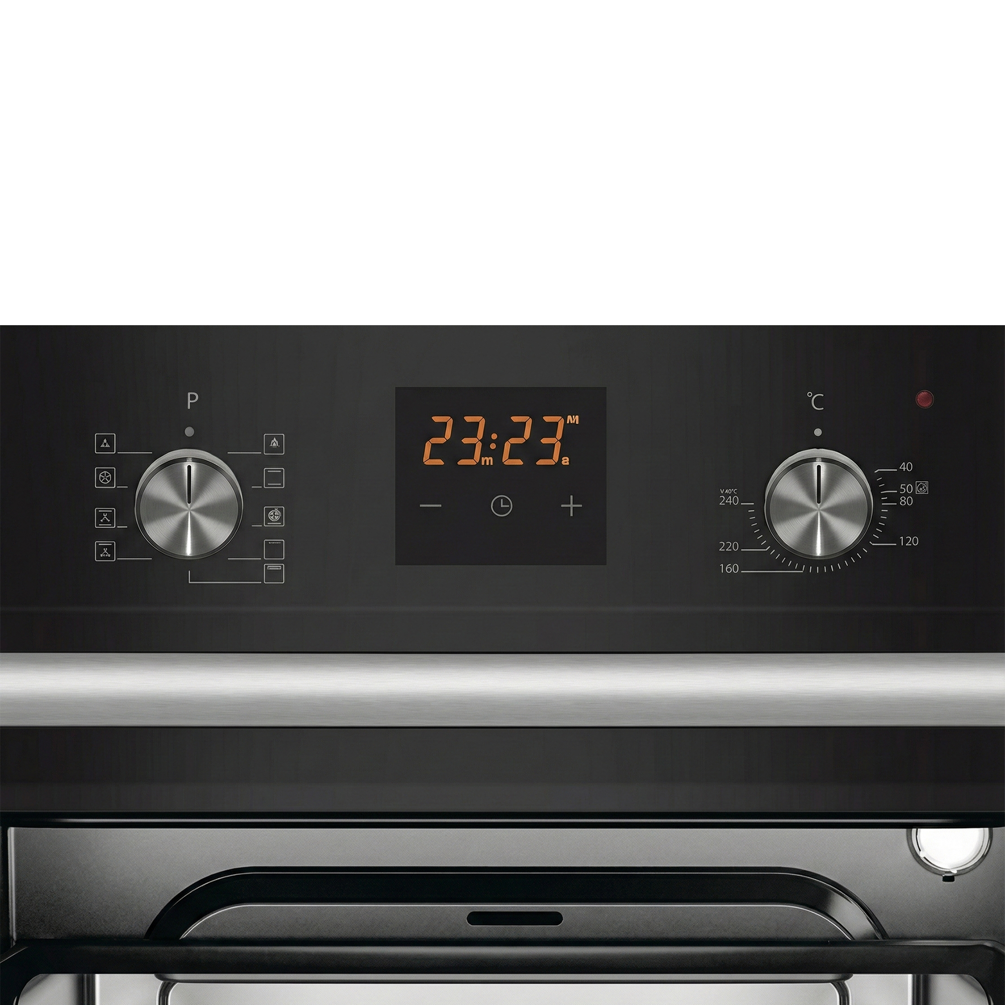 Digitale oven bedieningspaneel met knoppen en digitaal display 23:23.