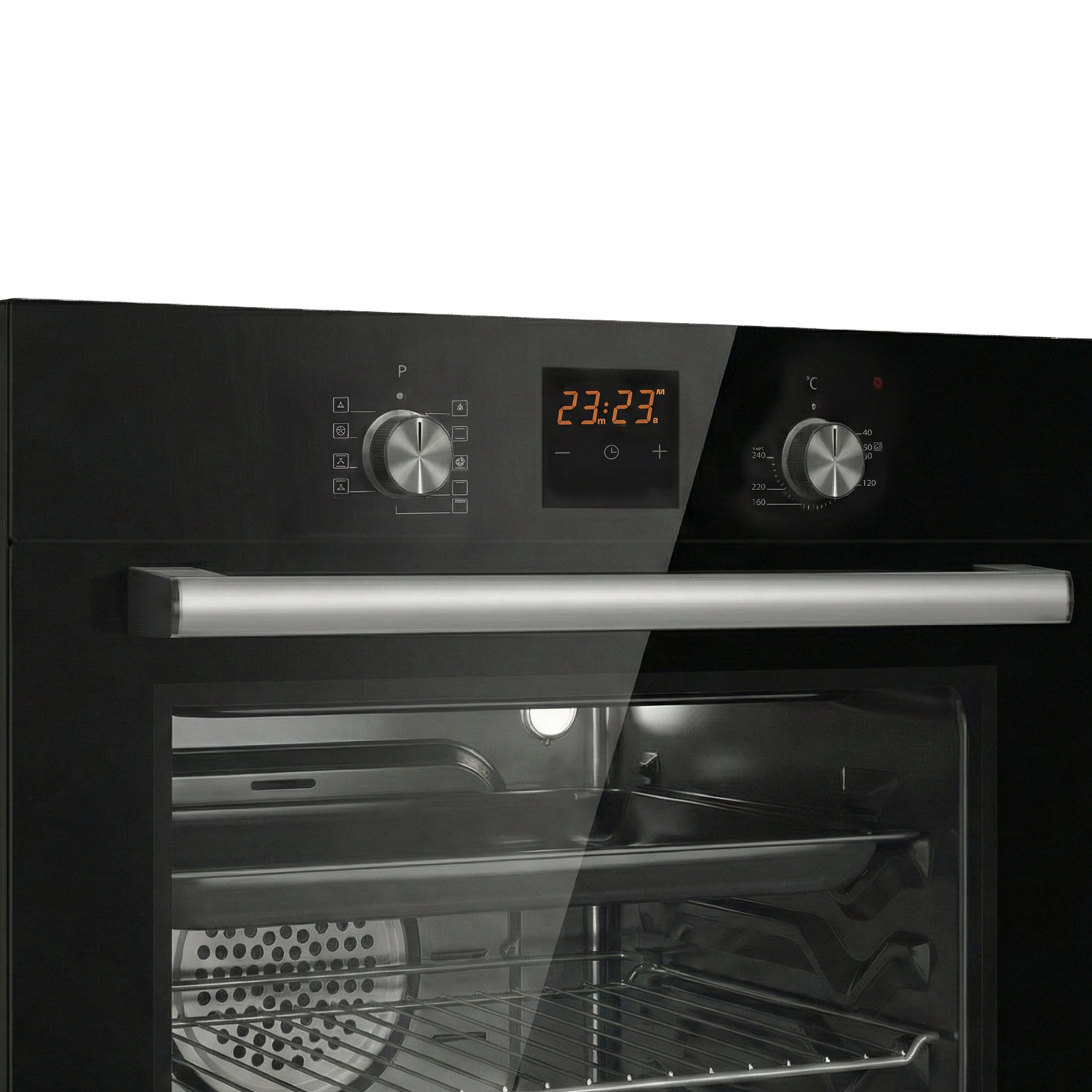 Een zwarte oven met zilveren handvat en digitaal display. Toont 23:23.