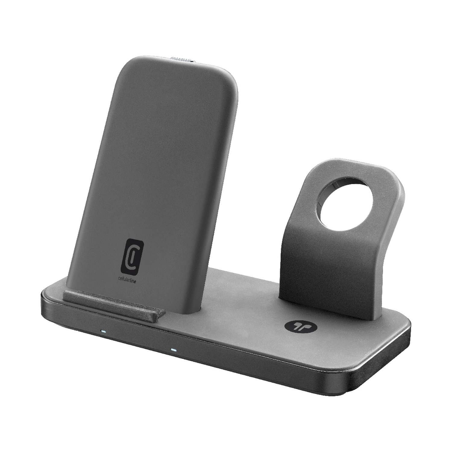Graue Ladestation für Smartphone und Smartwatch mit Logos.