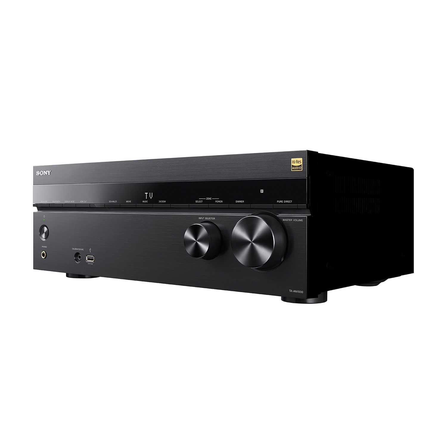 Schwarzer Sony AV-Receiver mit zwei Drehreglern und Hi-Res Audio-Logo.