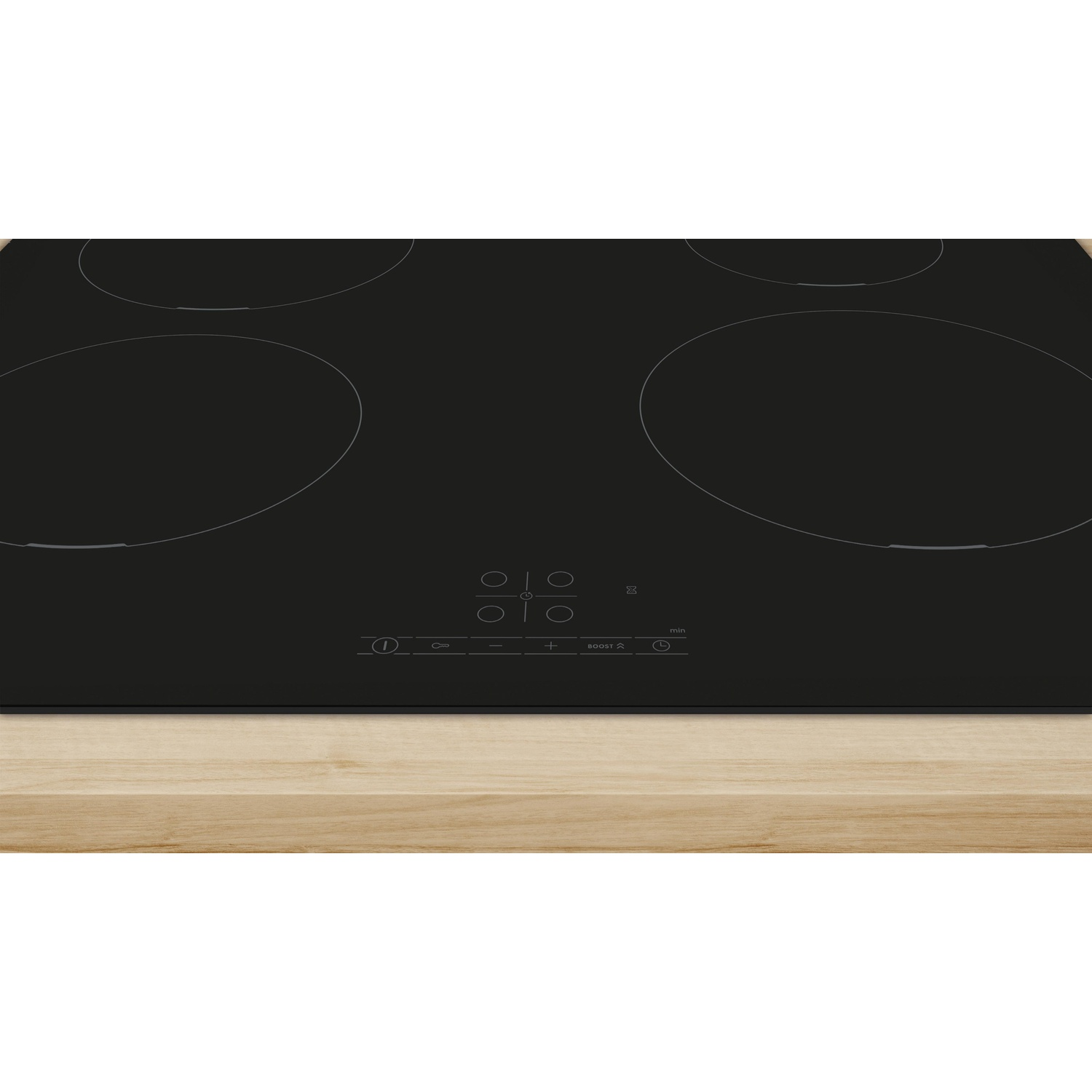 Czarna płyta indukcyjna z czterema strefami gotowania i panel dotykowy nad drewnem.