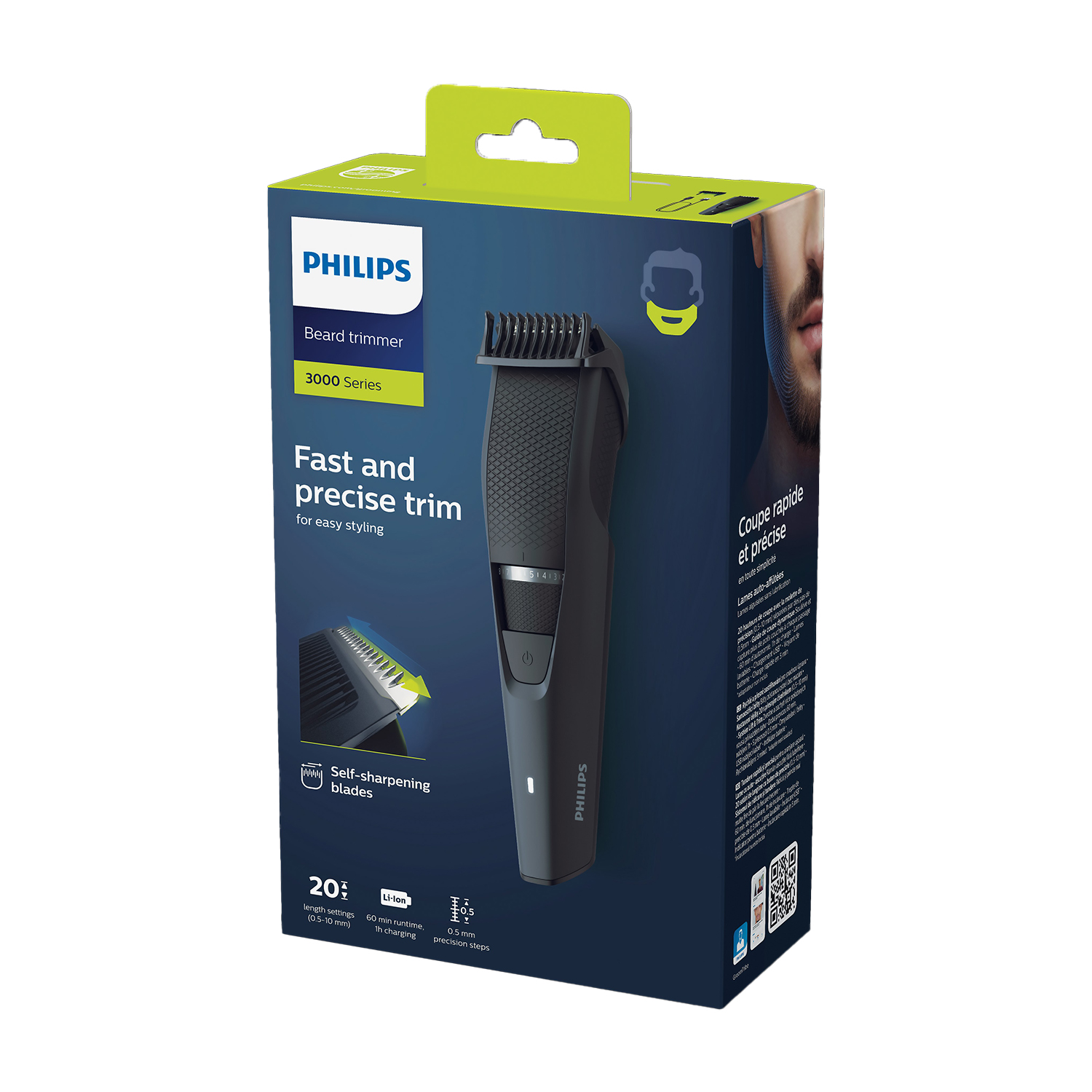 Pudełko trymera do brody Philips serii 3000 ze szczegółami produktu i obrazami.