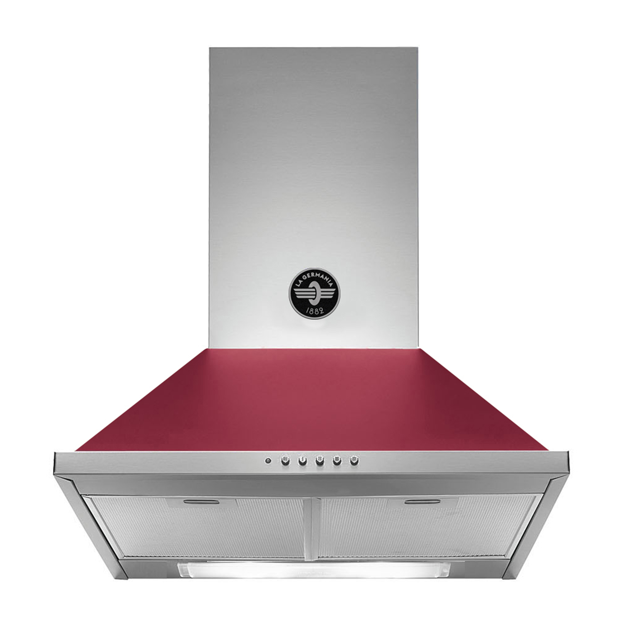Cappa aspirante in acciaio inox con baldacchino rosso e logo.
