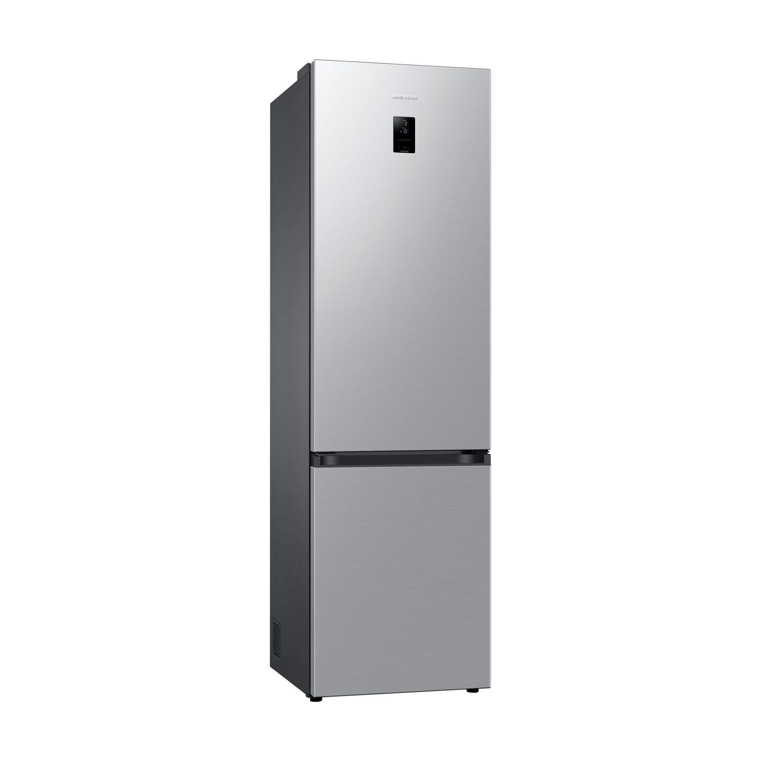Un refrigerador Samsung plateado de dos puertas sobre fondo blanco.