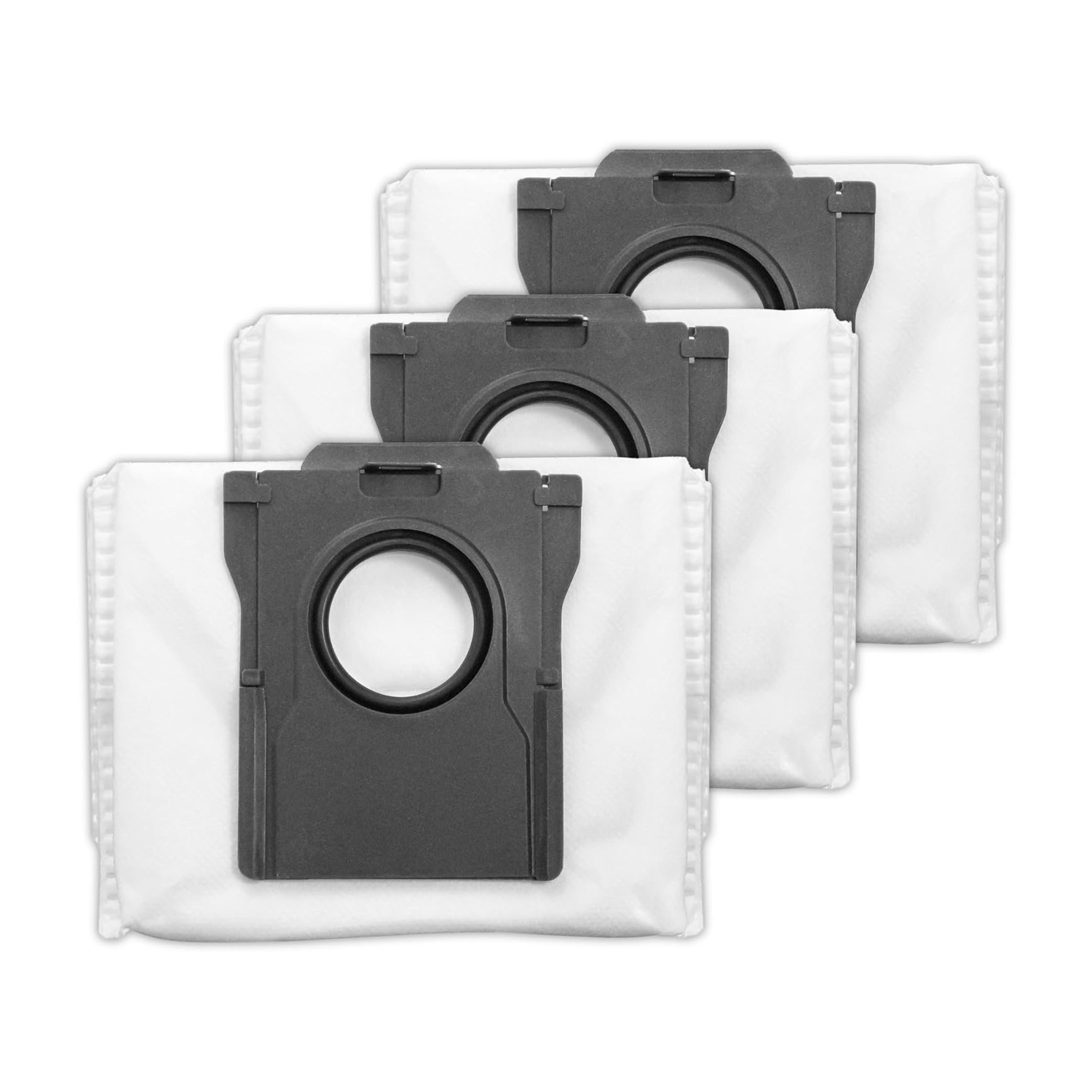 Trzy białe worki do odkurzacza z szarymi złączami, ułożone schodkowo na białym tle.