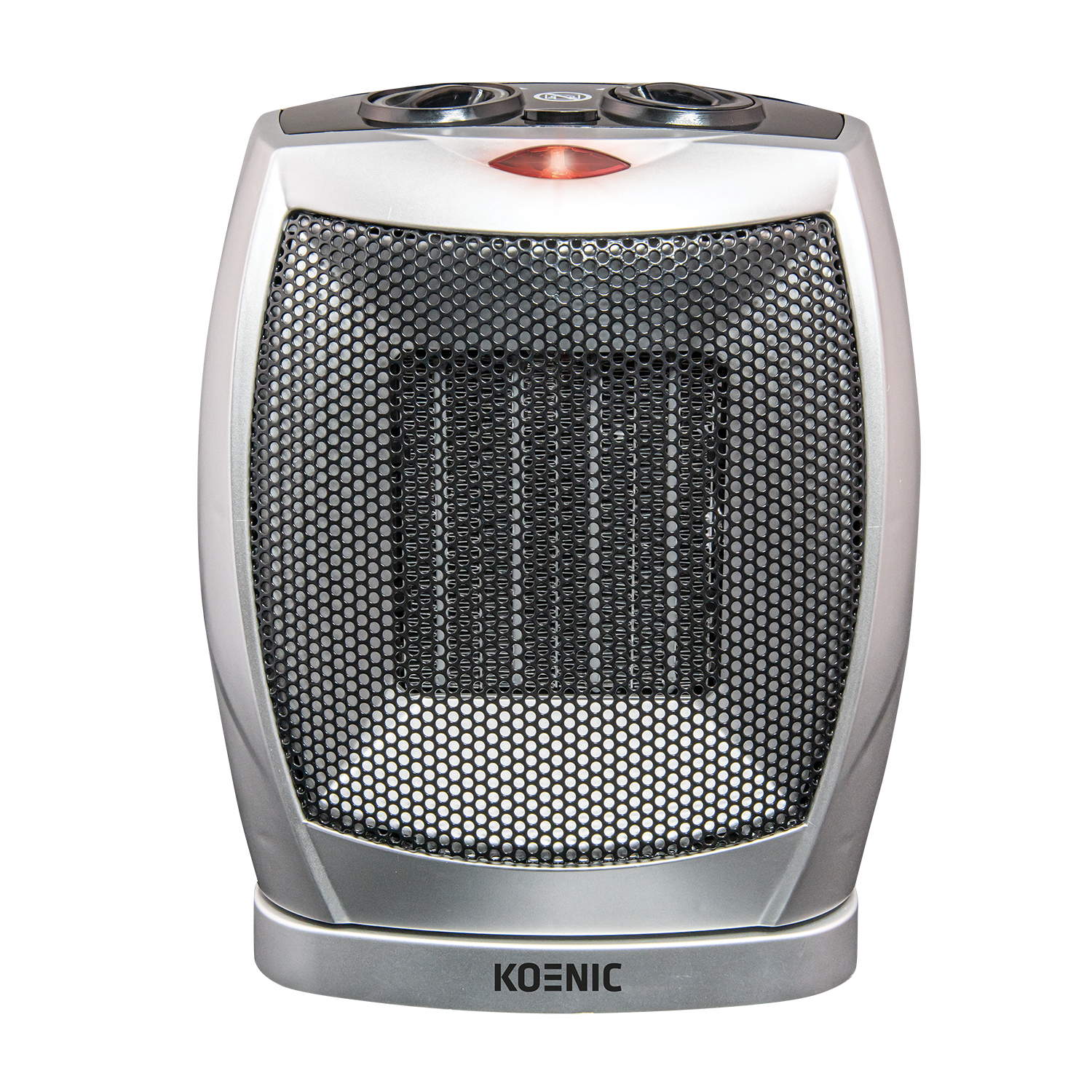 Srebrny grzejnik ceramiczny z czarną kratką i czerwoną diodą.