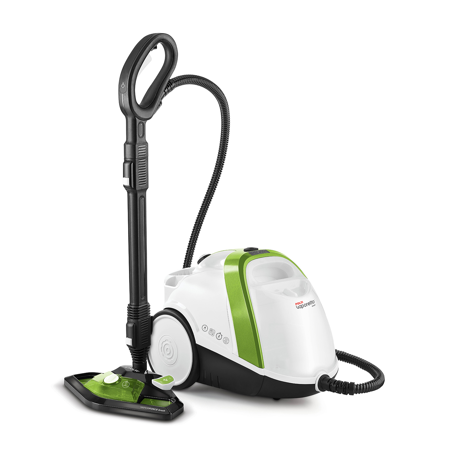 Biało-zielony odkurzacz parowy z czarnym wężem i uchwytem.
