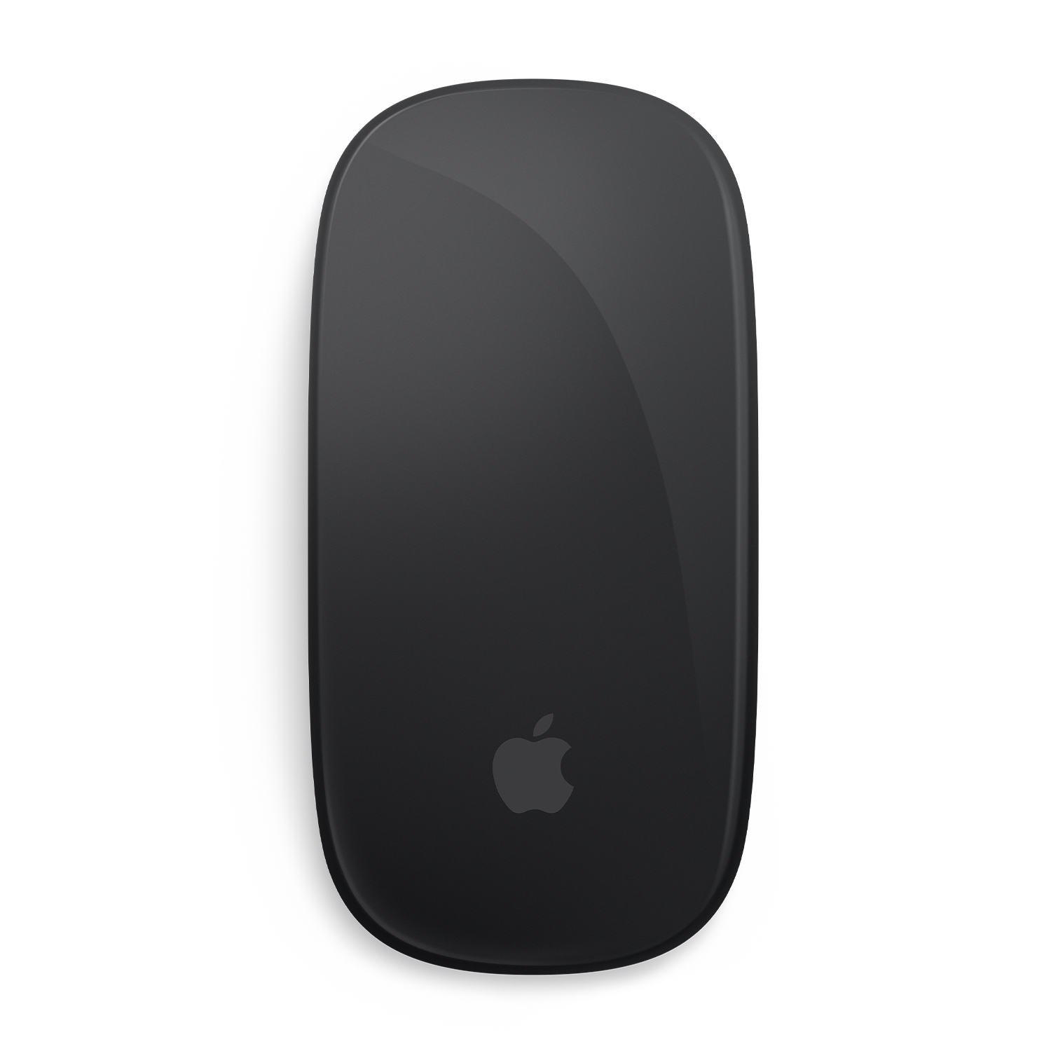 Czarna mysz Apple Magic Mouse z logo Apple na białym tle.