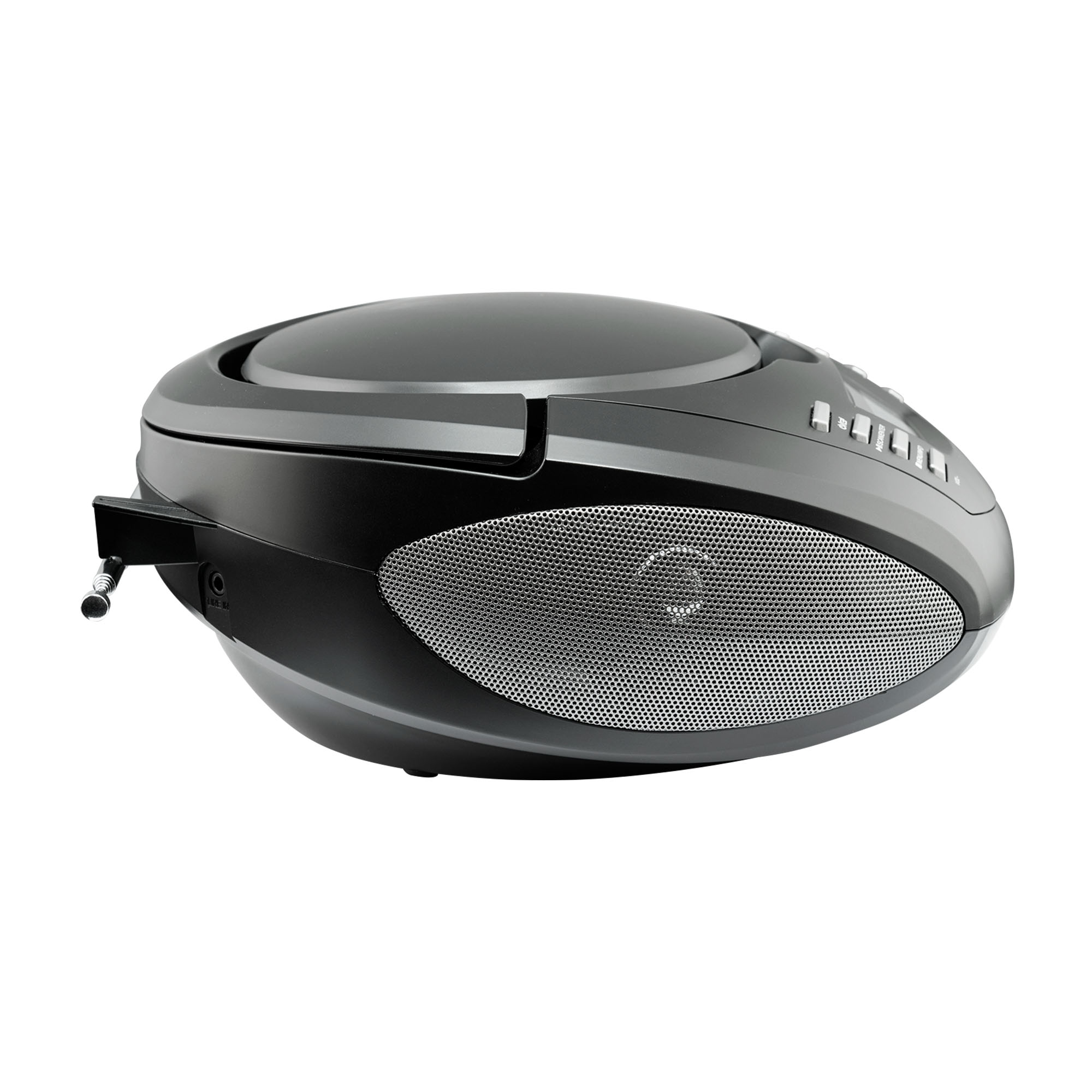 Schwarzer tragbarer CD-Player mit silbernem Lautsprechergrill und Bedienelementen.