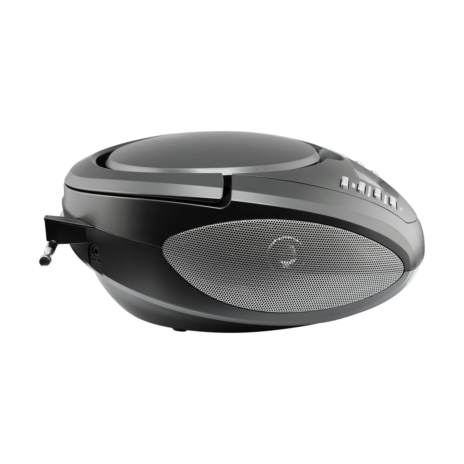 Ein schwarzer, ovaler CD-Player mit Lautsprechermembran und Tasten.