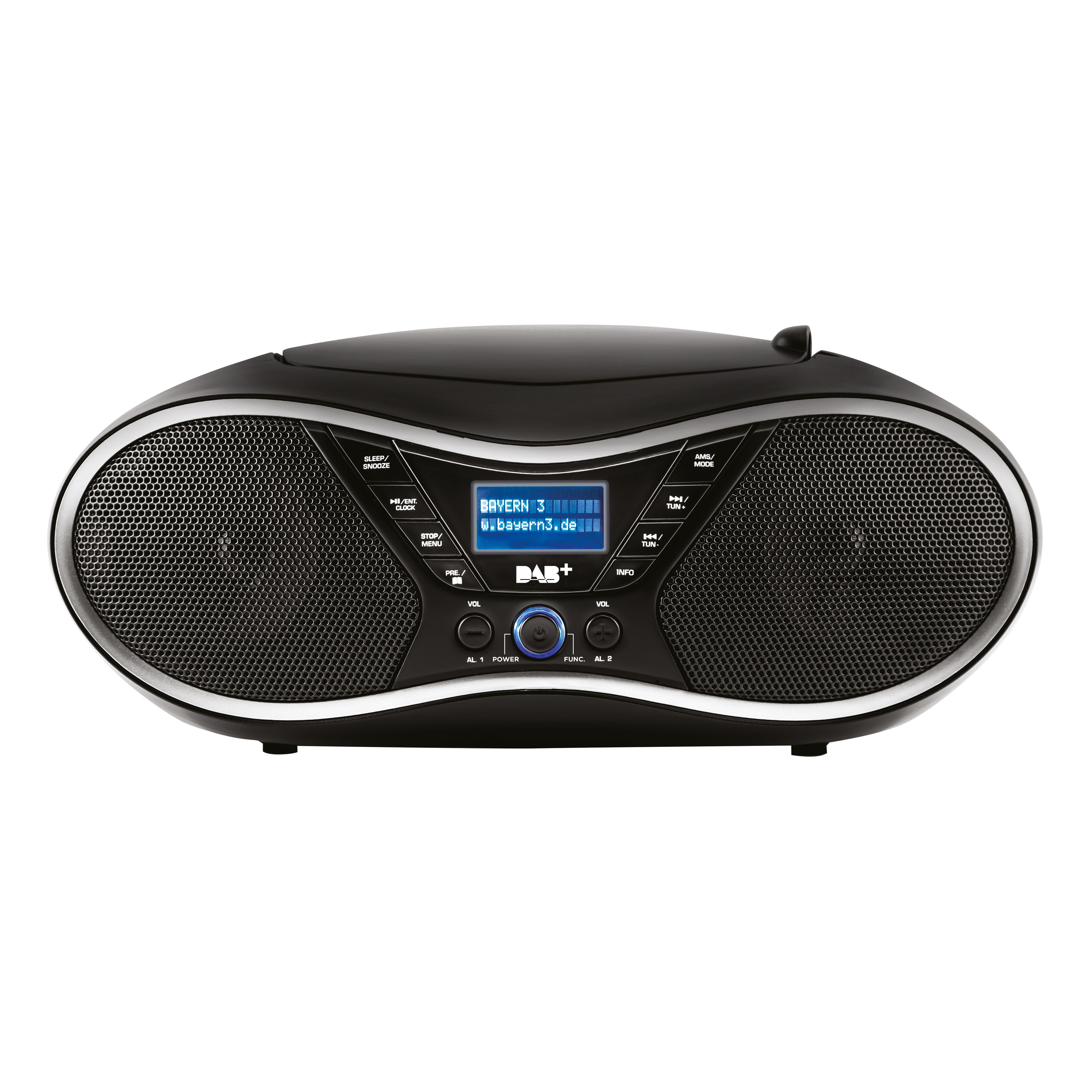 Schwarzer DAB+ Radio mit Lautsprechern und LCD-Display. Tasten für Menü, Lautstärke und Sender.