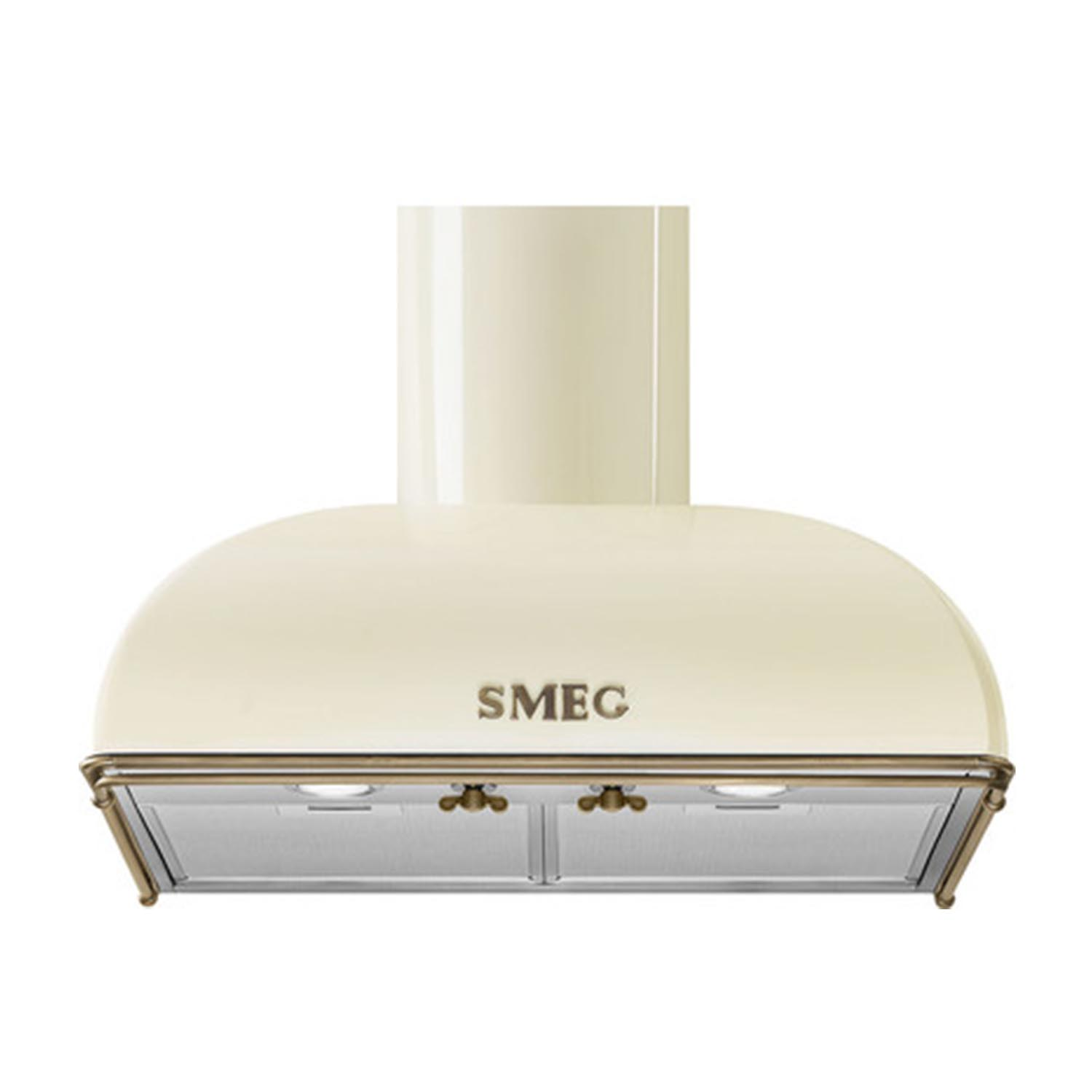Una campana extractora SMEG color crema con detalles metálicos y luces.