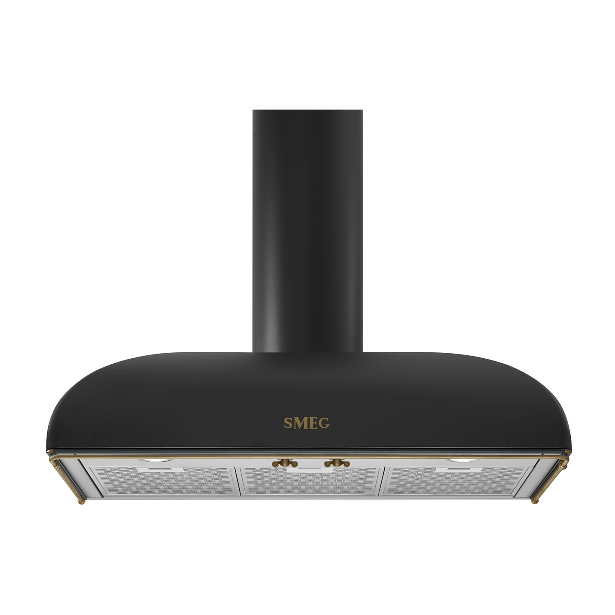 Cappa aspirante SMEG nera con accenti in ottone e filtri metallici.