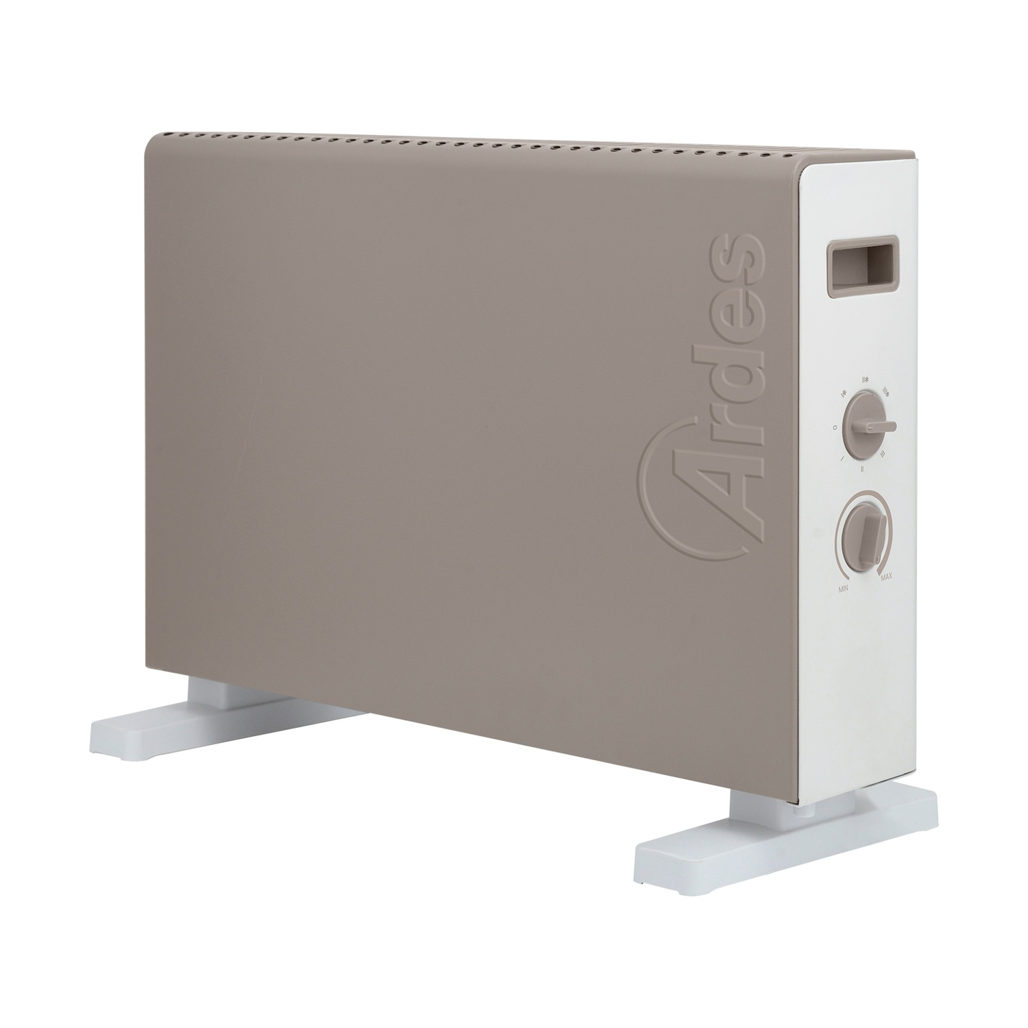 Brązowy grzejnik Ardes na białych nóżkach z dwoma pokrętłami.