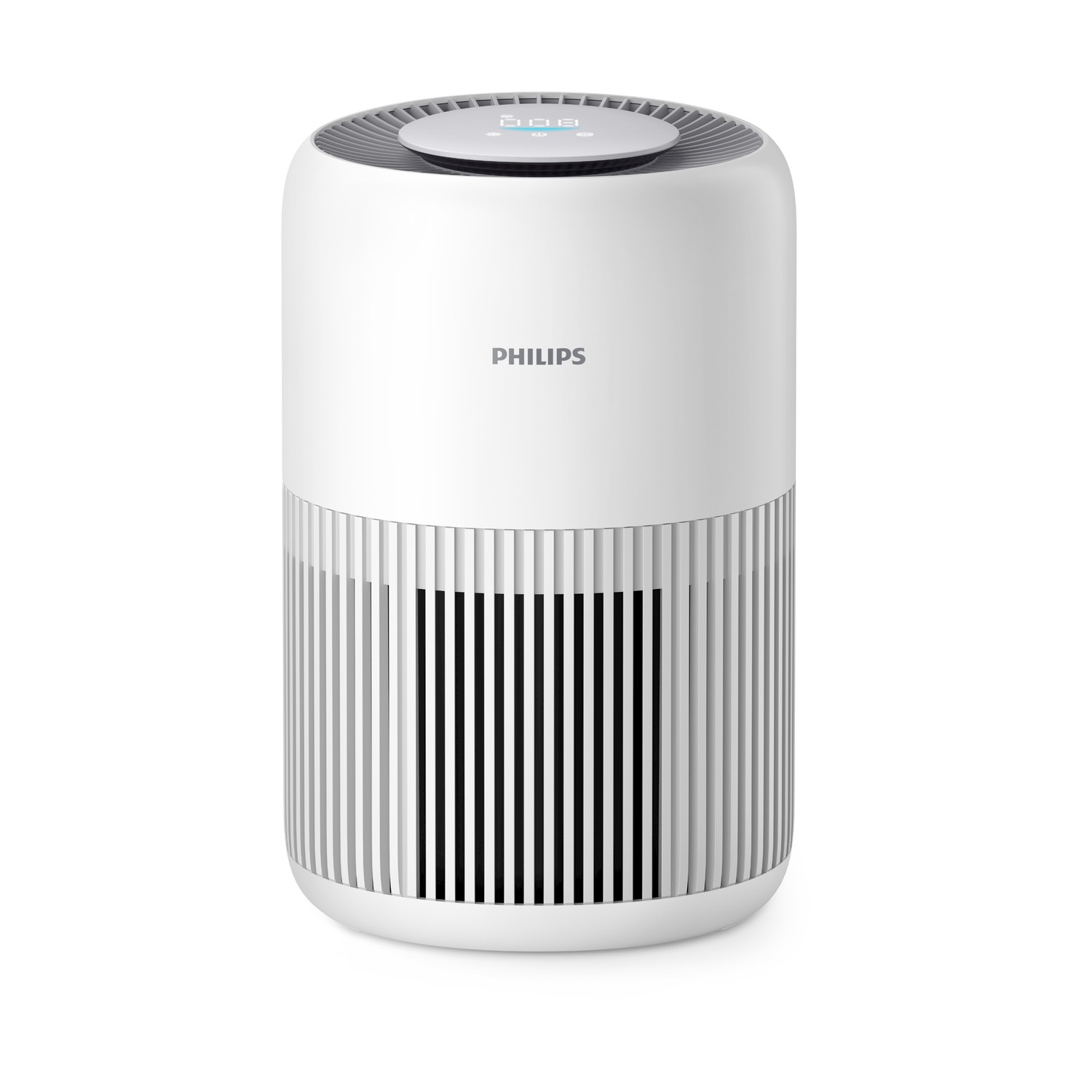 Un purificateur d'air Philips blanc avec des rainures verticales sur la partie inférieure.