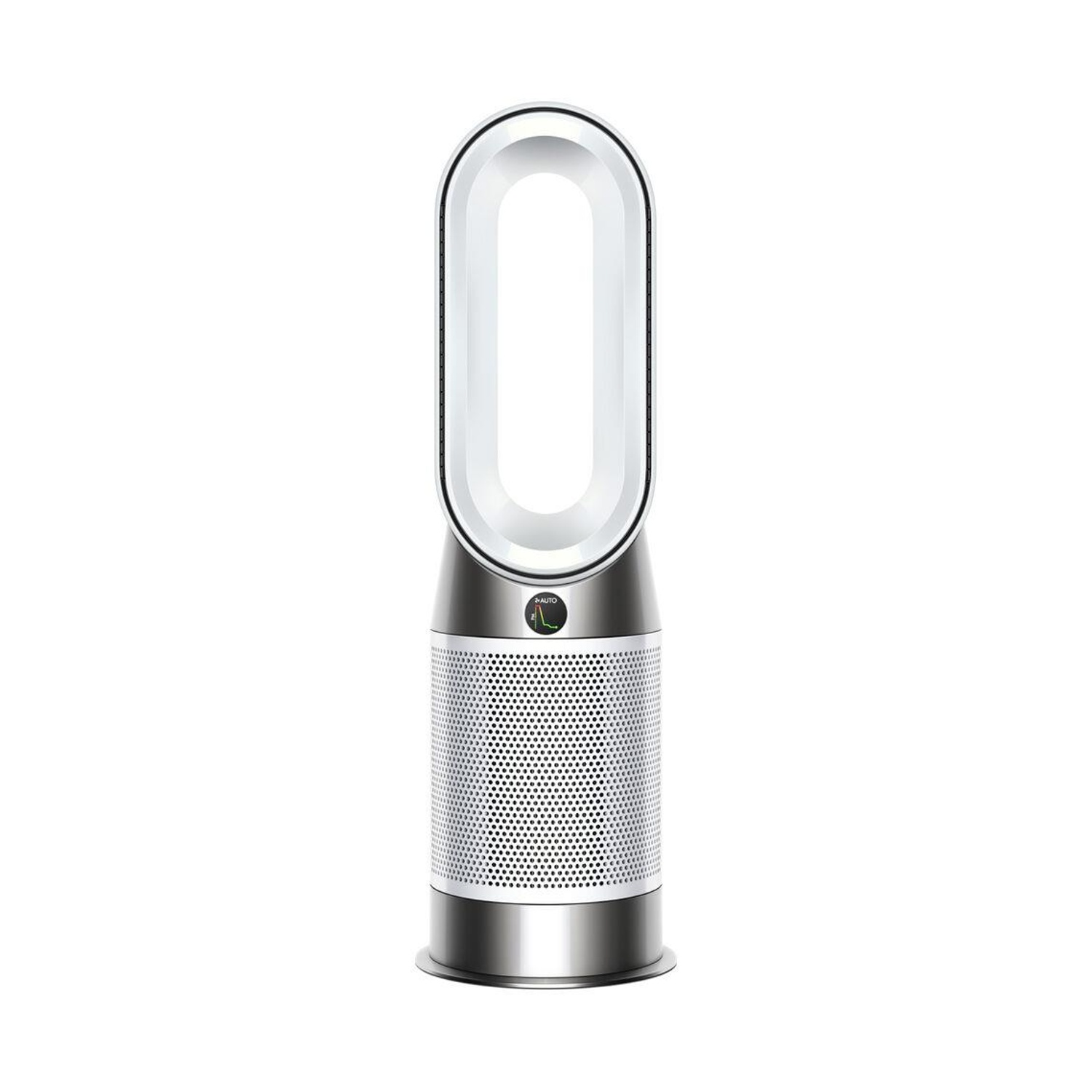 Un purificateur d'air Dyson argenté avec un dessus ovale et un corps perforé.