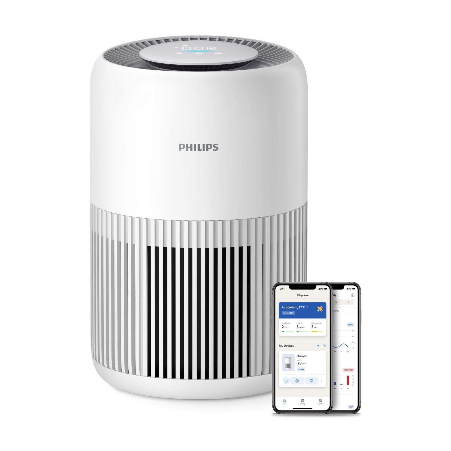Purificateur d'air Philips avec deux smartphones affichant l'interface de l'application et les données de qualité de l'air.
