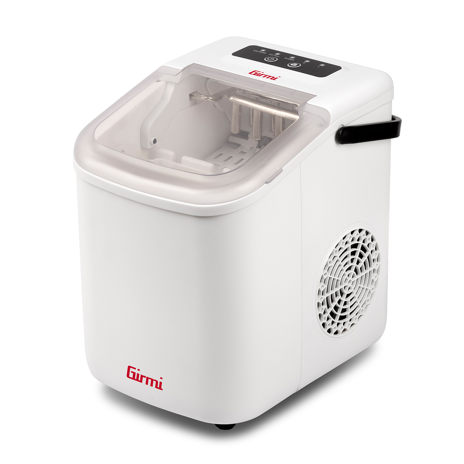 Witte ijsmachine met transparant deksel, Girmi logo en ventilatierooster.