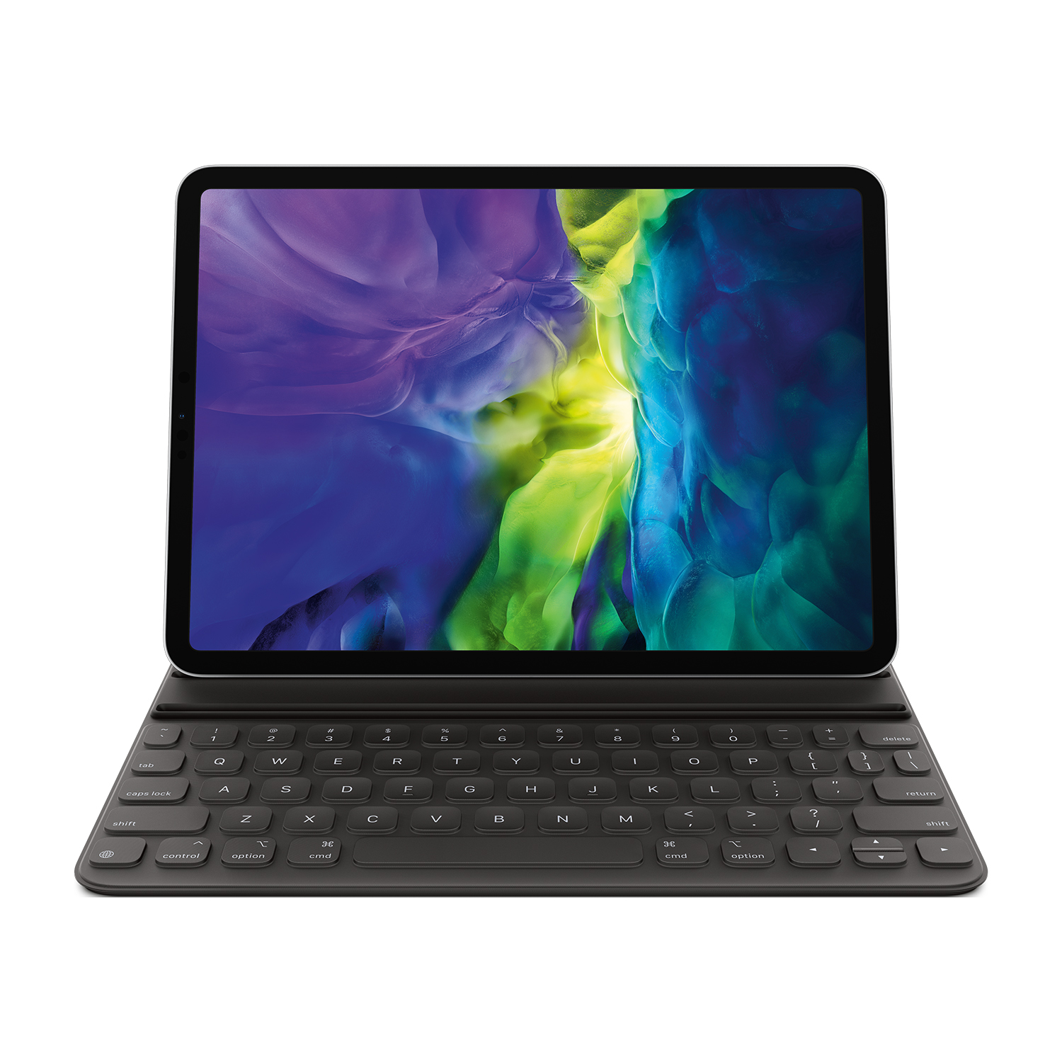 Szary tablet z klawiaturą i kolorową tapetą.