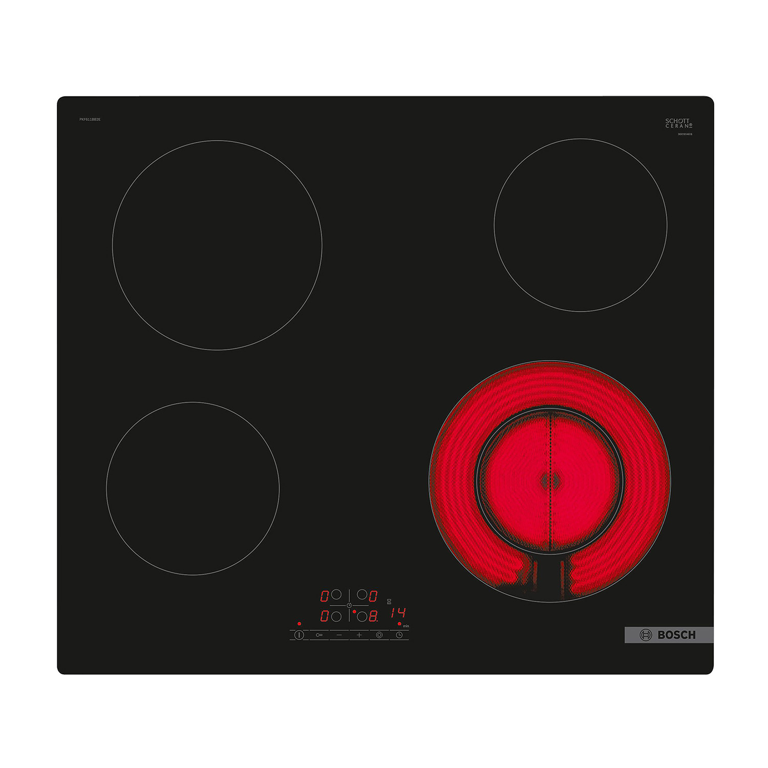 Czarna płyta grzewcza z czterema strefami, jedna świeci na czerwono.