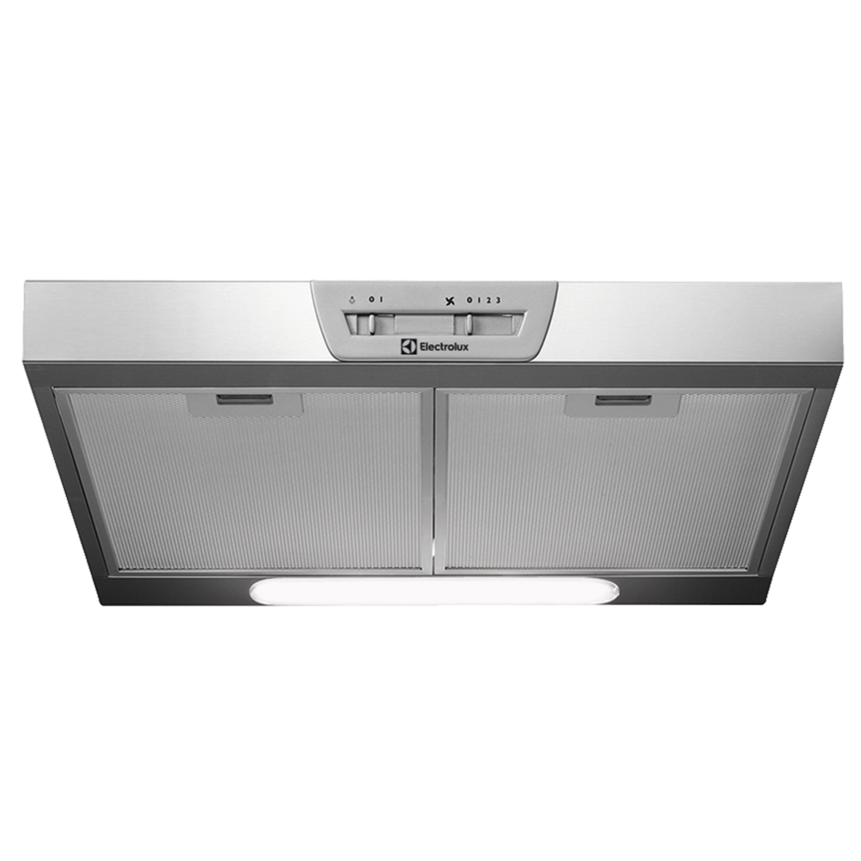 Stainless steel range hood with two filters and lighting.