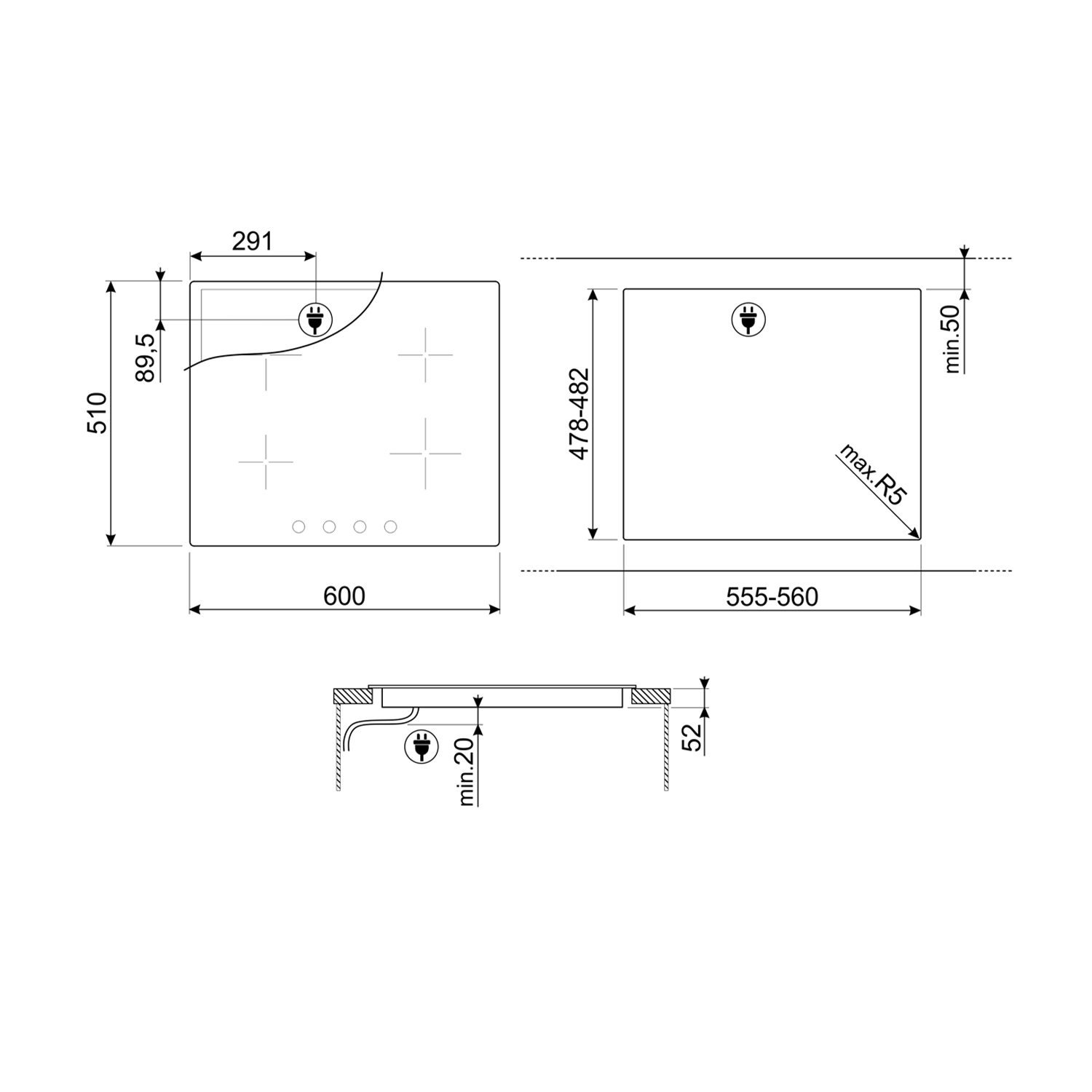 Disegno tecnico di un piano cottura con dimensioni e simbolo di connessione.