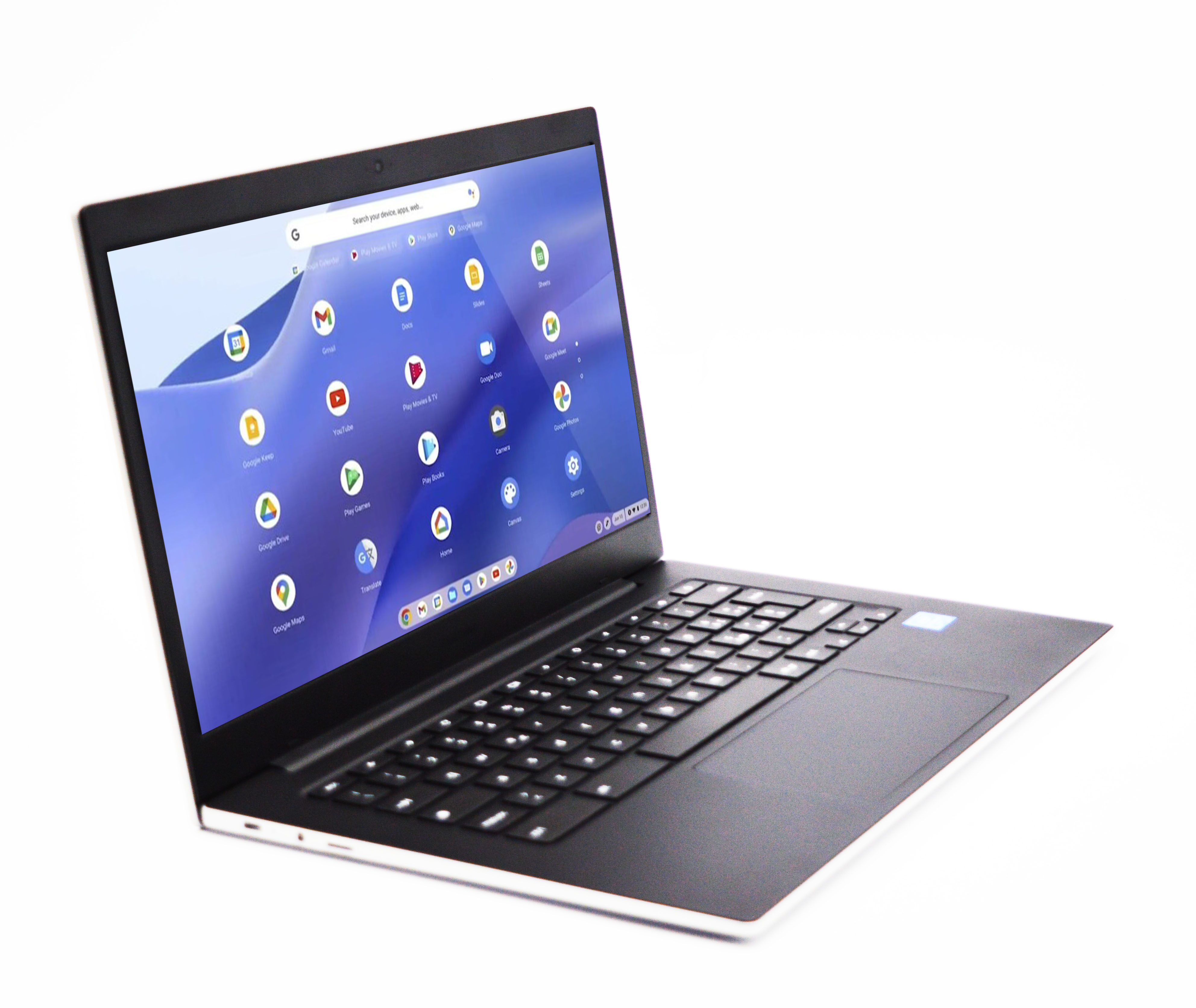 Ein geöffneter Laptop mit einem blauen Hintergrund und App-Symbolen auf dem Bildschirm.