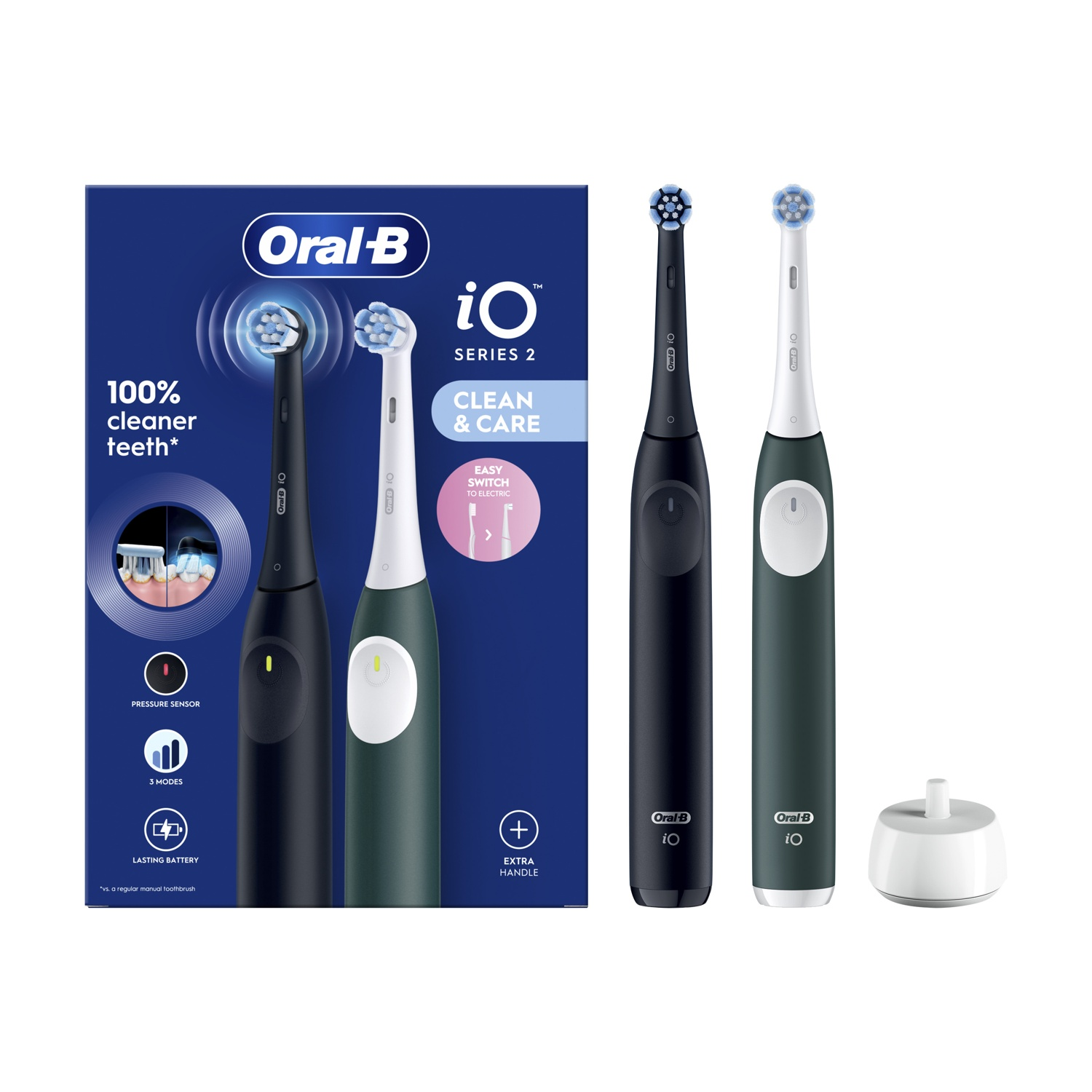 Dos cepillos Oral-B iO Series 2, uno negro, uno verde, con base de carga.