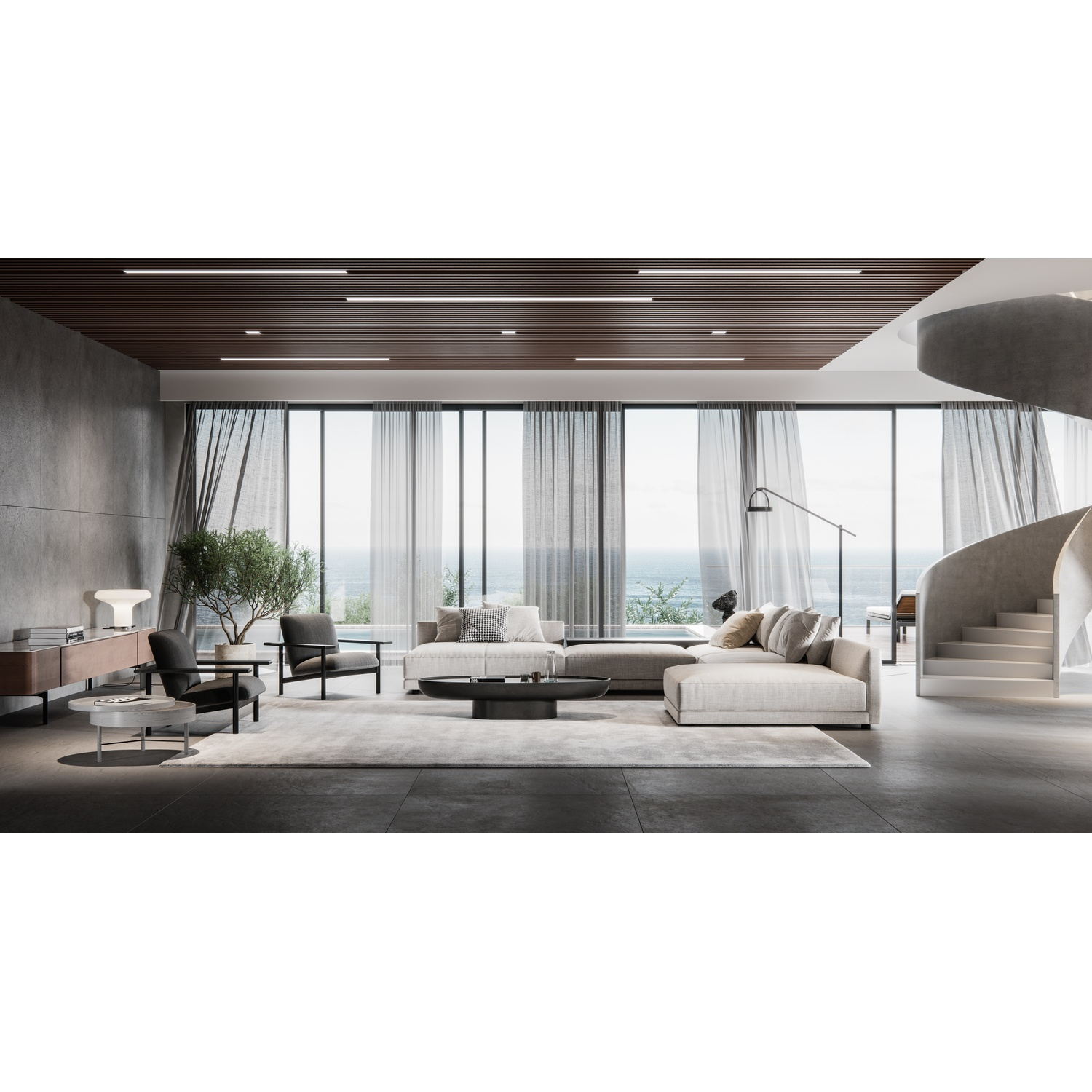 Modernes Wohnzimmer mit Meerblick, Sofa, Sesseln, Teppich und Wendeltreppe.