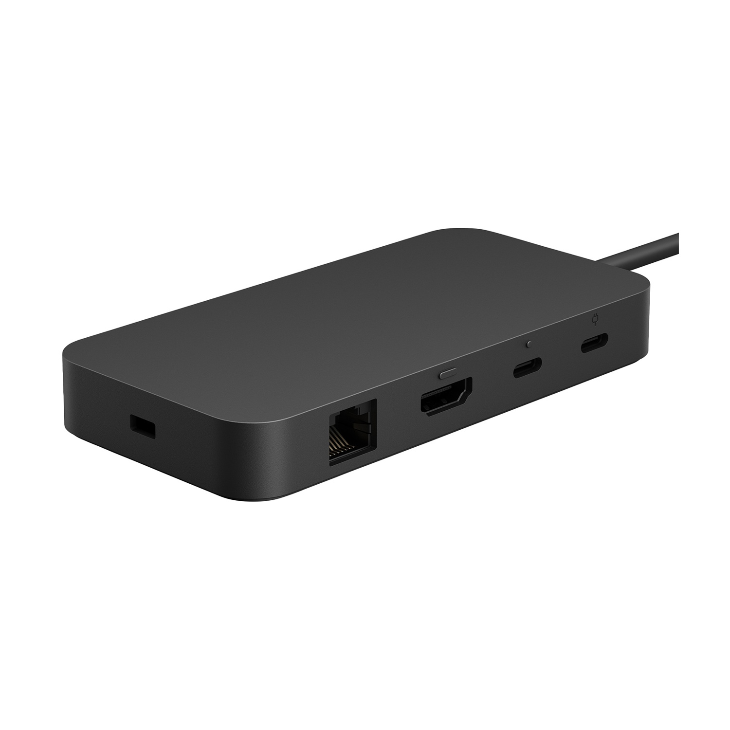 Dock negro con puertos Ethernet, HDMI y USB-C.