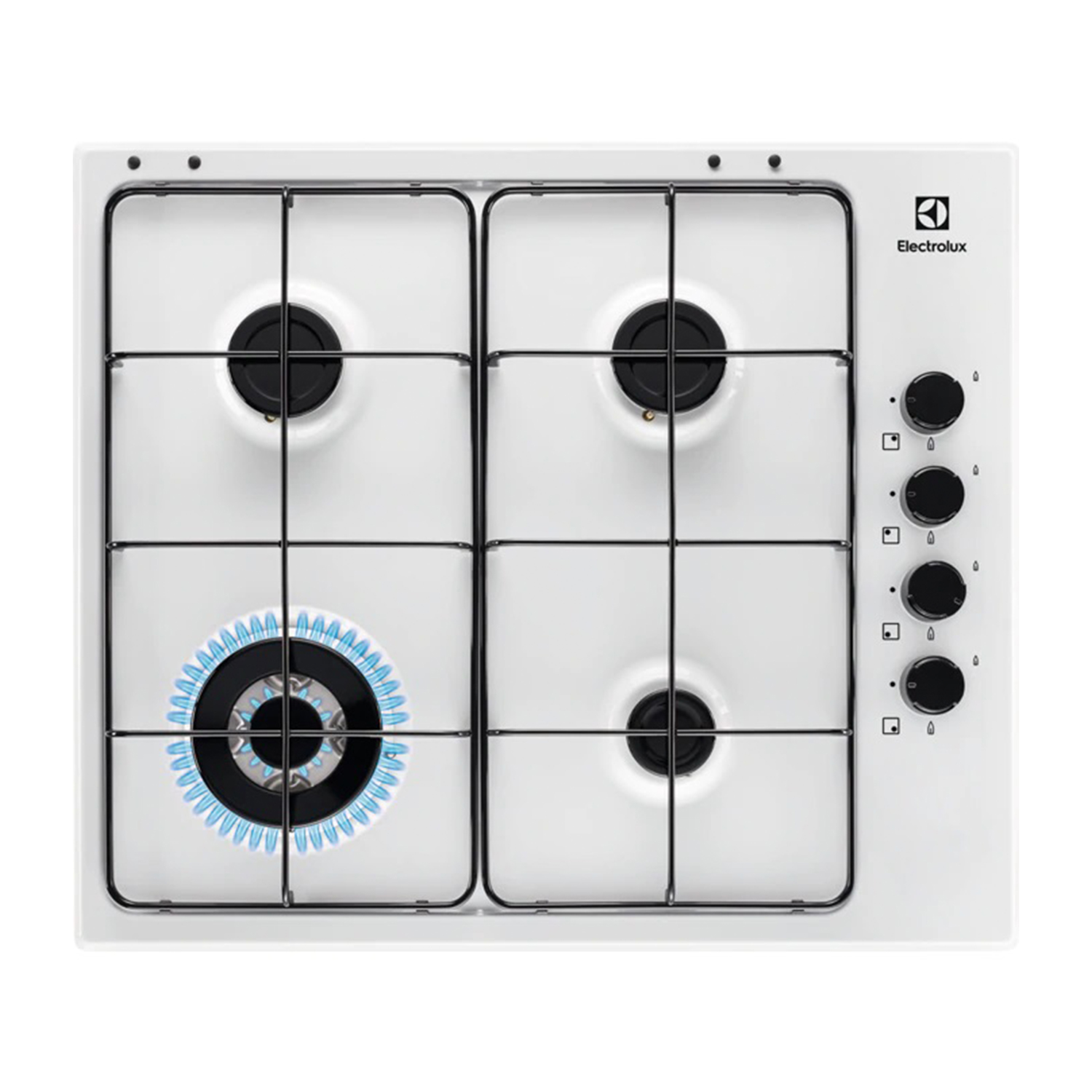 Biała płyta gazowa z czterema palnikami, jeden z niebieskim płomieniem.