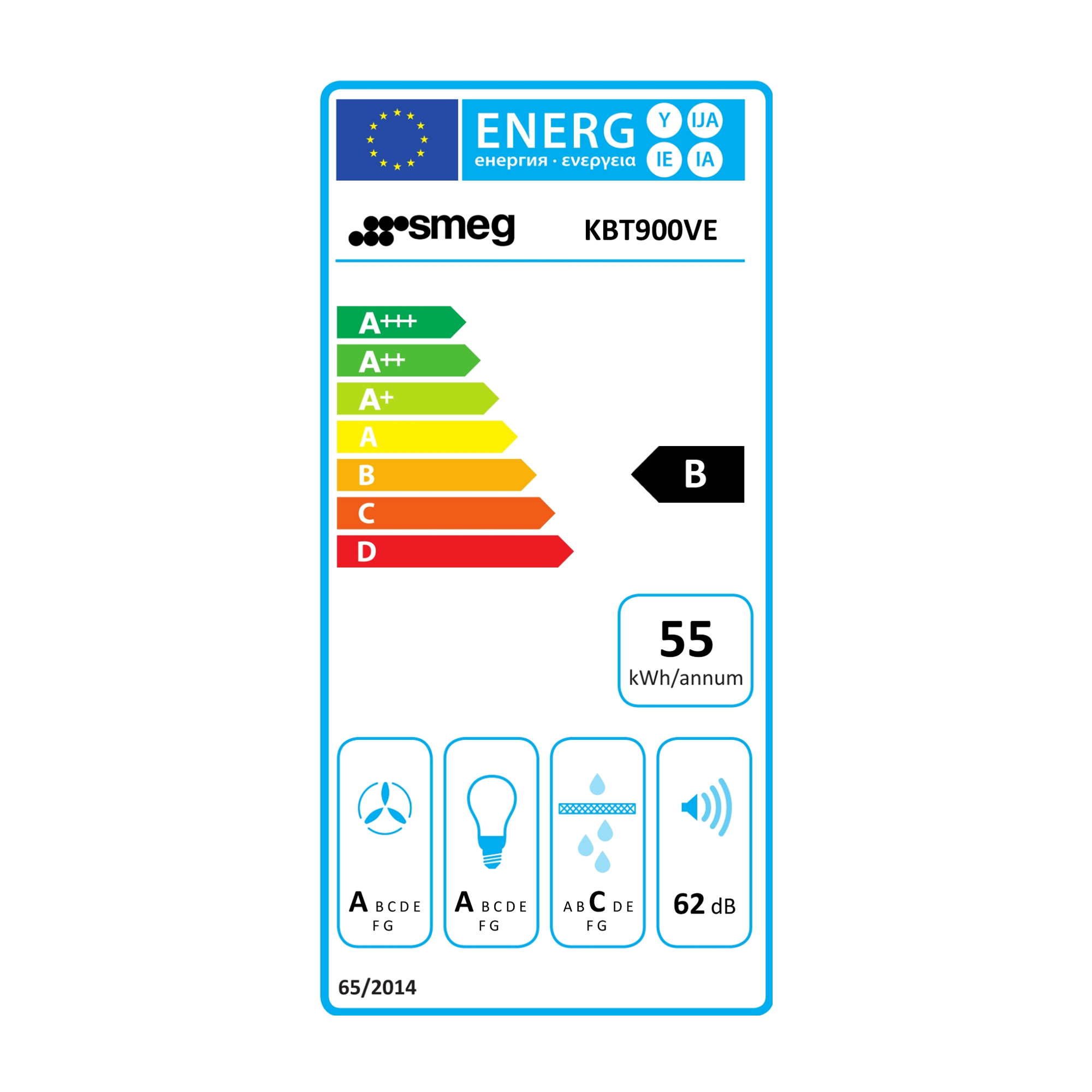 Etiqueta de eficiencia energética con logo Smeg, clase B, 55 kWh/año, nivel de ruido 62 dB.