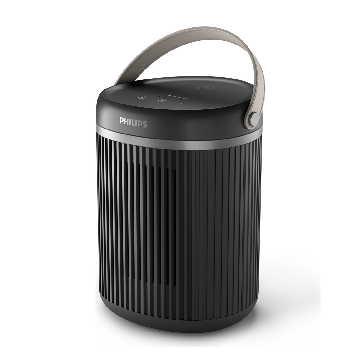 Purificatore d'aria Philips nero con manico e corpo scanalato.