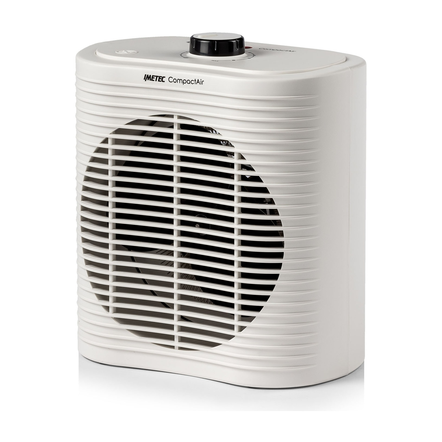 Un ventilatore portatile bianco con lamelle orizzontali e una manopola nera.