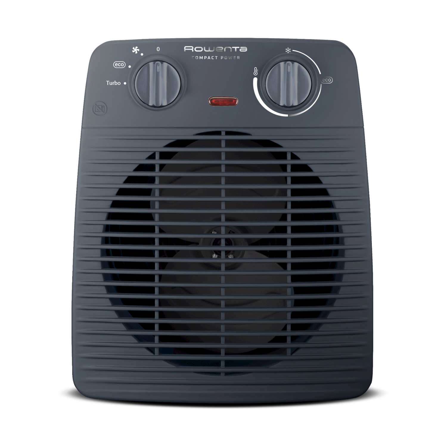 Un termoventilatore Rowenta compatto grigio con ventola e manopole.
