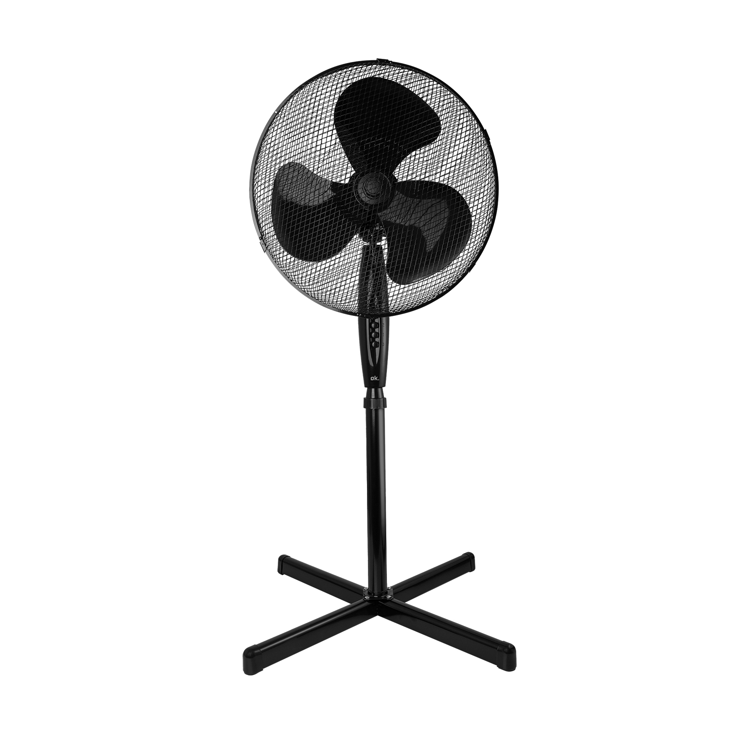 Un ventilatore da terra nero con tre pale e griglia protettiva.