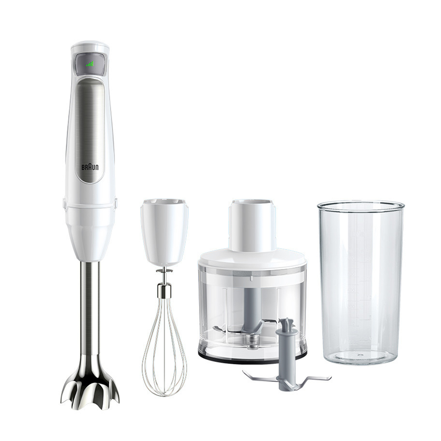 Biały blender ręczny z akcesoriami: trzepaczka, malakser i kubek.