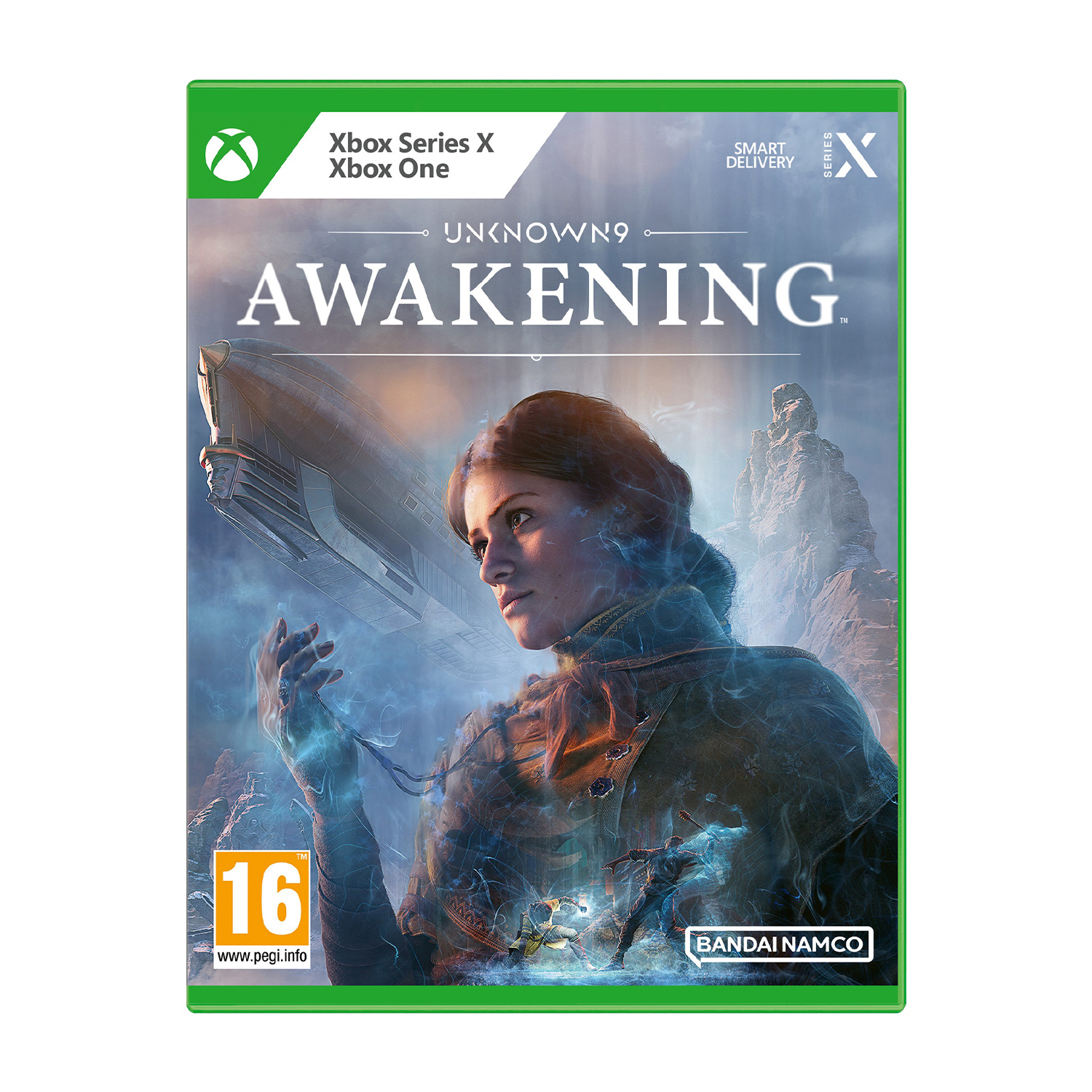 Copertina "Unknown 9 Awakening" per Xbox, con donna e dirigibile.
