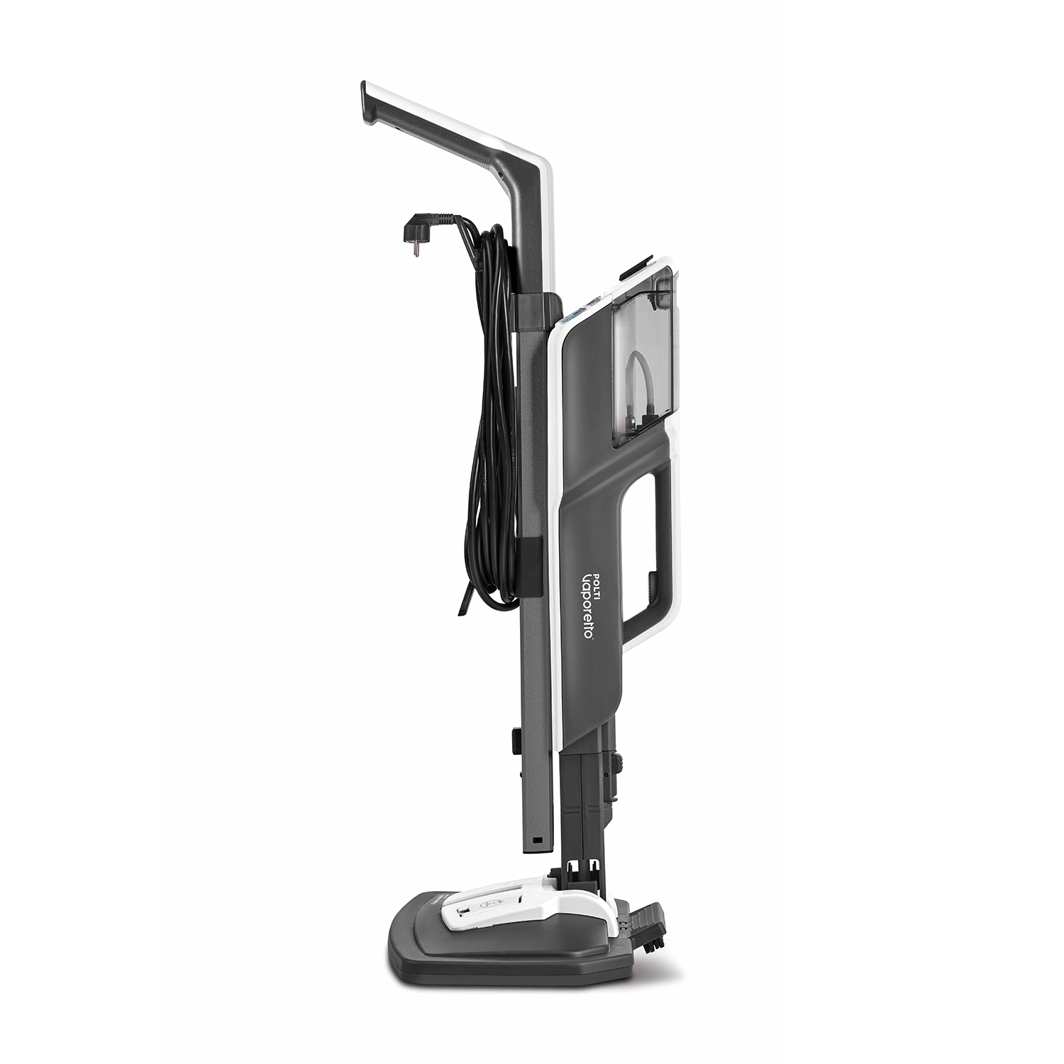 Szary i biały pionowy odkurzacz parowy z kablem i zbiornikiem na wodę.