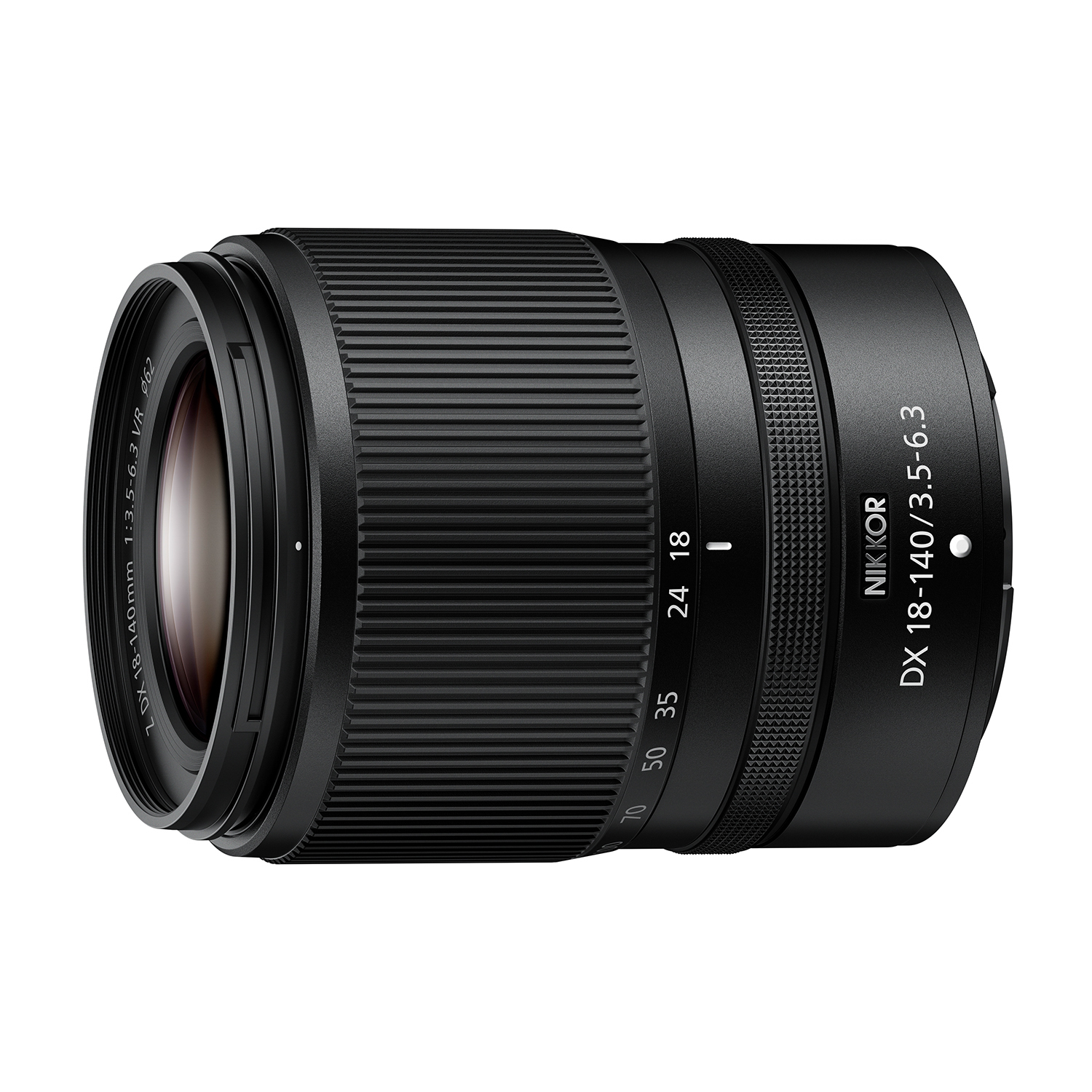 Eine schwarze Kameraobjektiv mit Zoomring und Fokusring.
