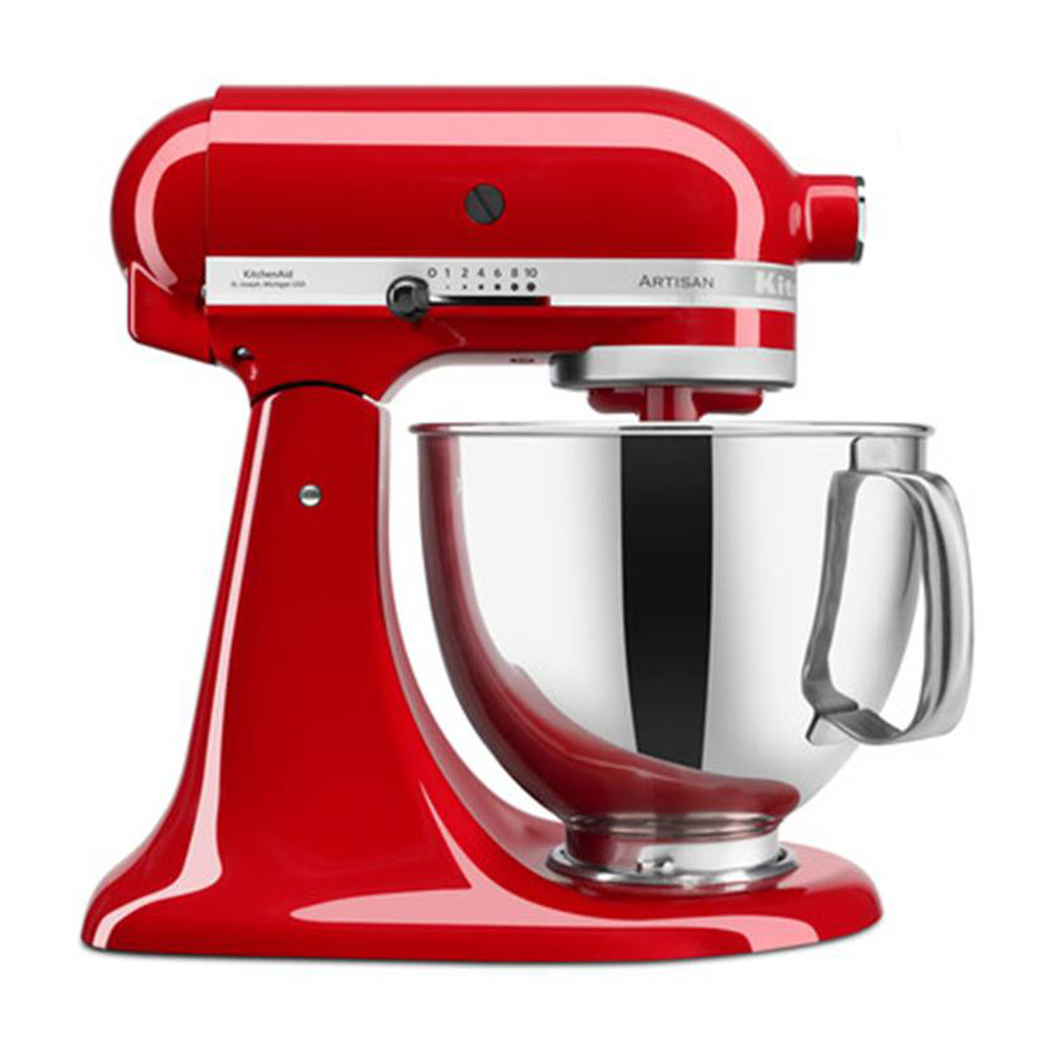 Paslanmaz çelik haznesine sahip kırmızı KitchenAid Artisan stand mikseri, beyaz arka plan.