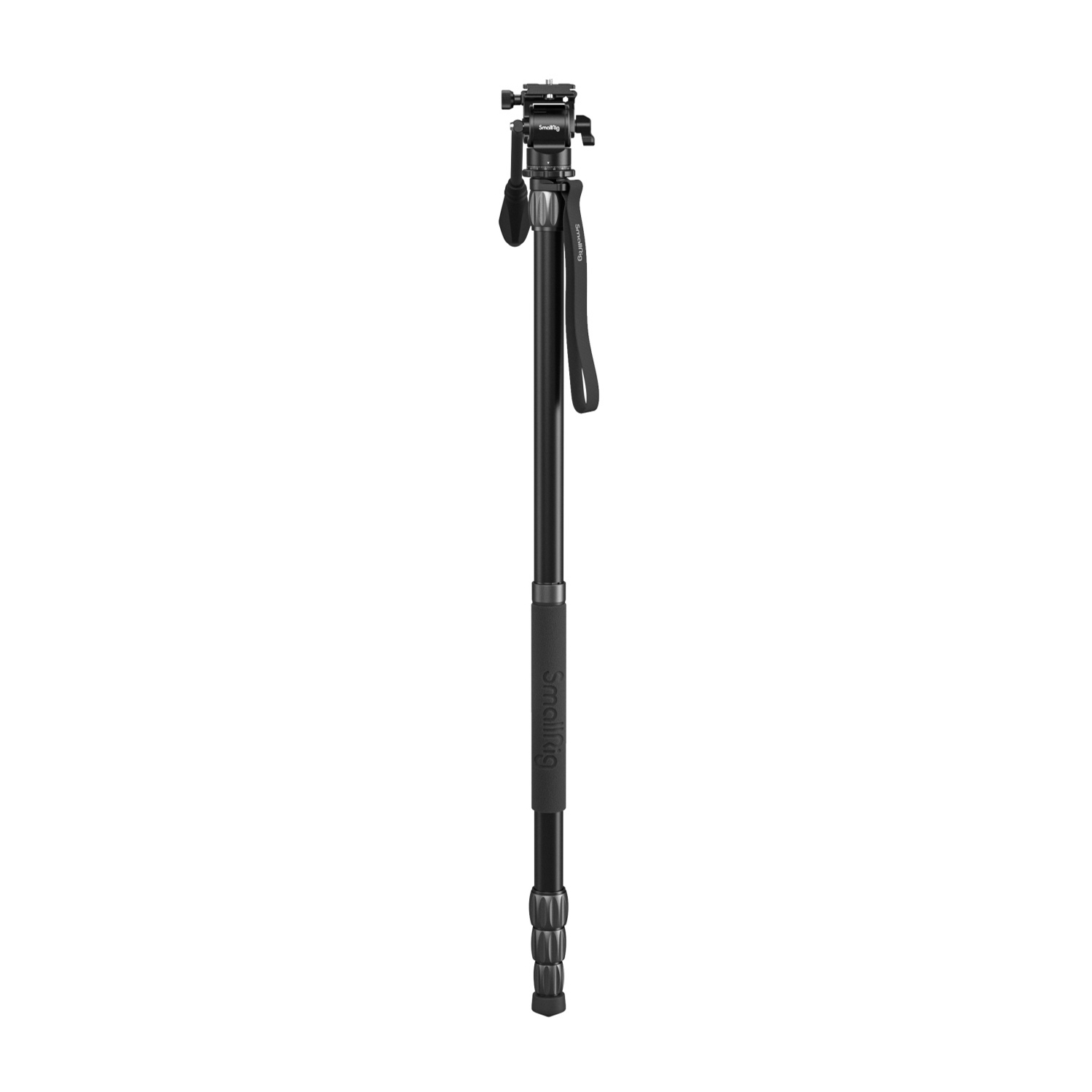 Un monopiede nero con impugnatura e attacco per fotocamera.