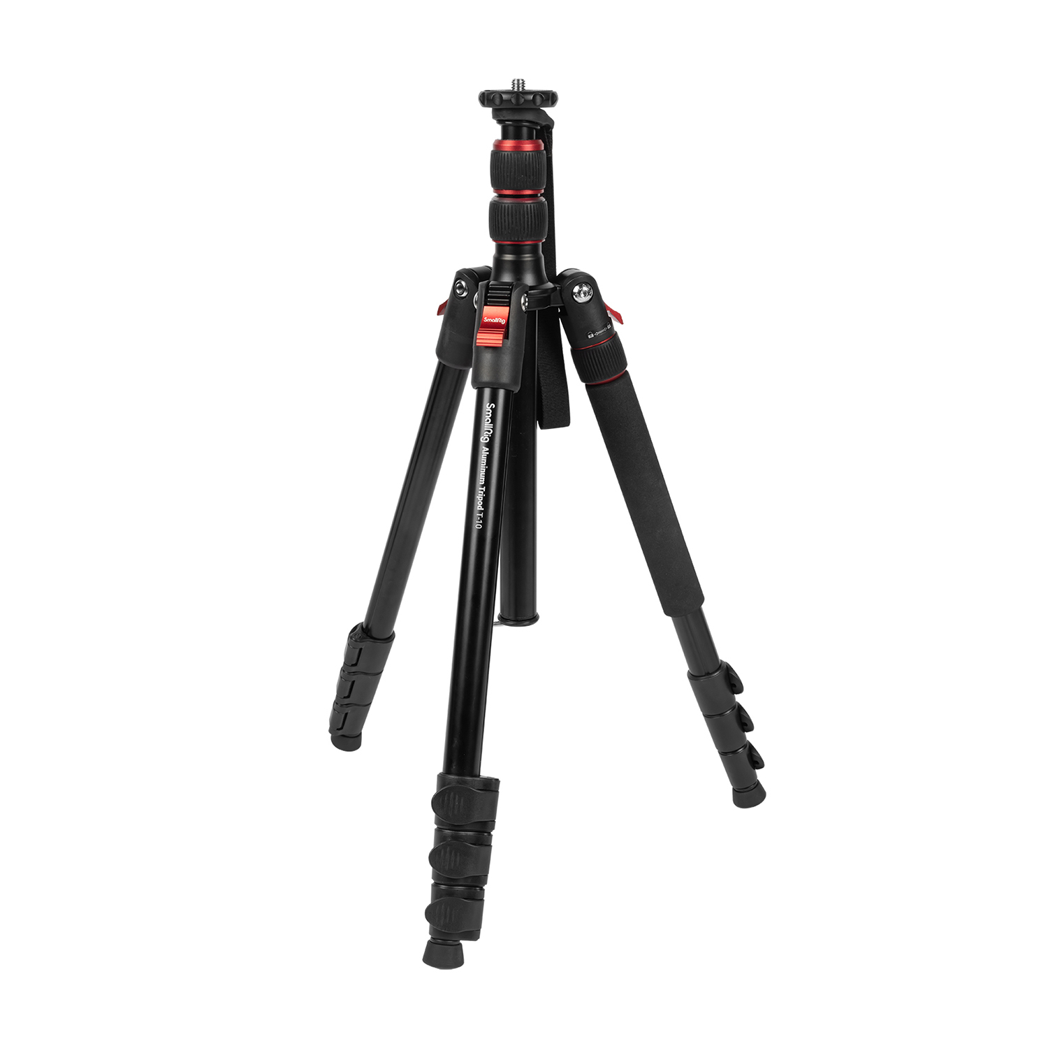 A black aluminum tripod with red accents stands on a white background.