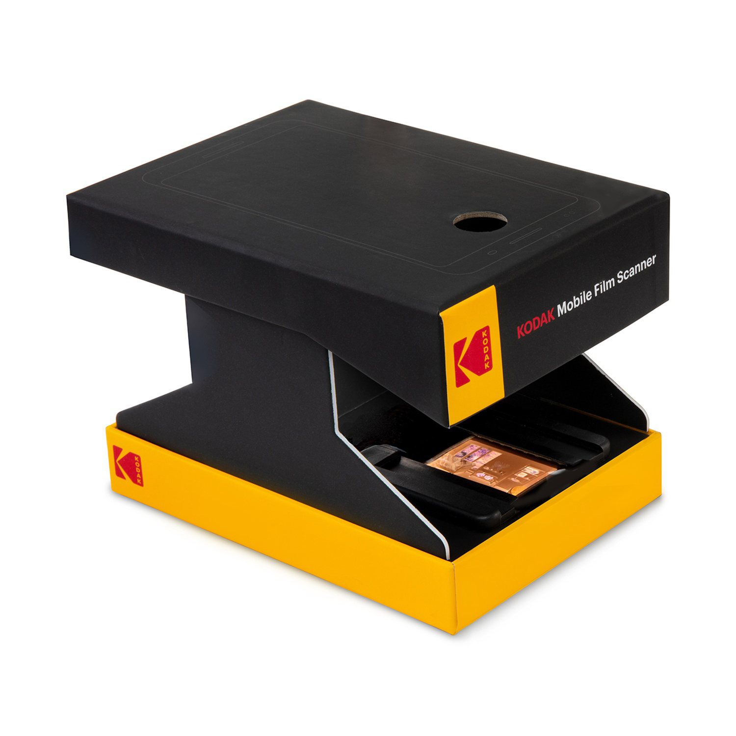 A Kodak Mobile Film Scanner in black and yellow with a film strip inside.